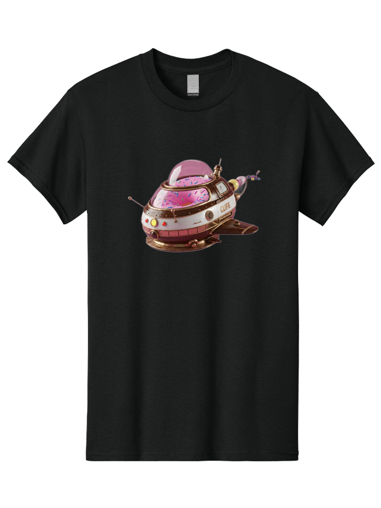 Cufe-Spacecraft Men'S Graphic Tee, 100% Cotton, Comfortable Casual Summer Wear, Machine Washable, Cupcake Spaceship, Futuristic Dessert, Whimsical Design, Sprinkles, Pink Frosting, Retro-Futuristic Style, Cartoonish Charm, Sci-Fi Treat Bab832