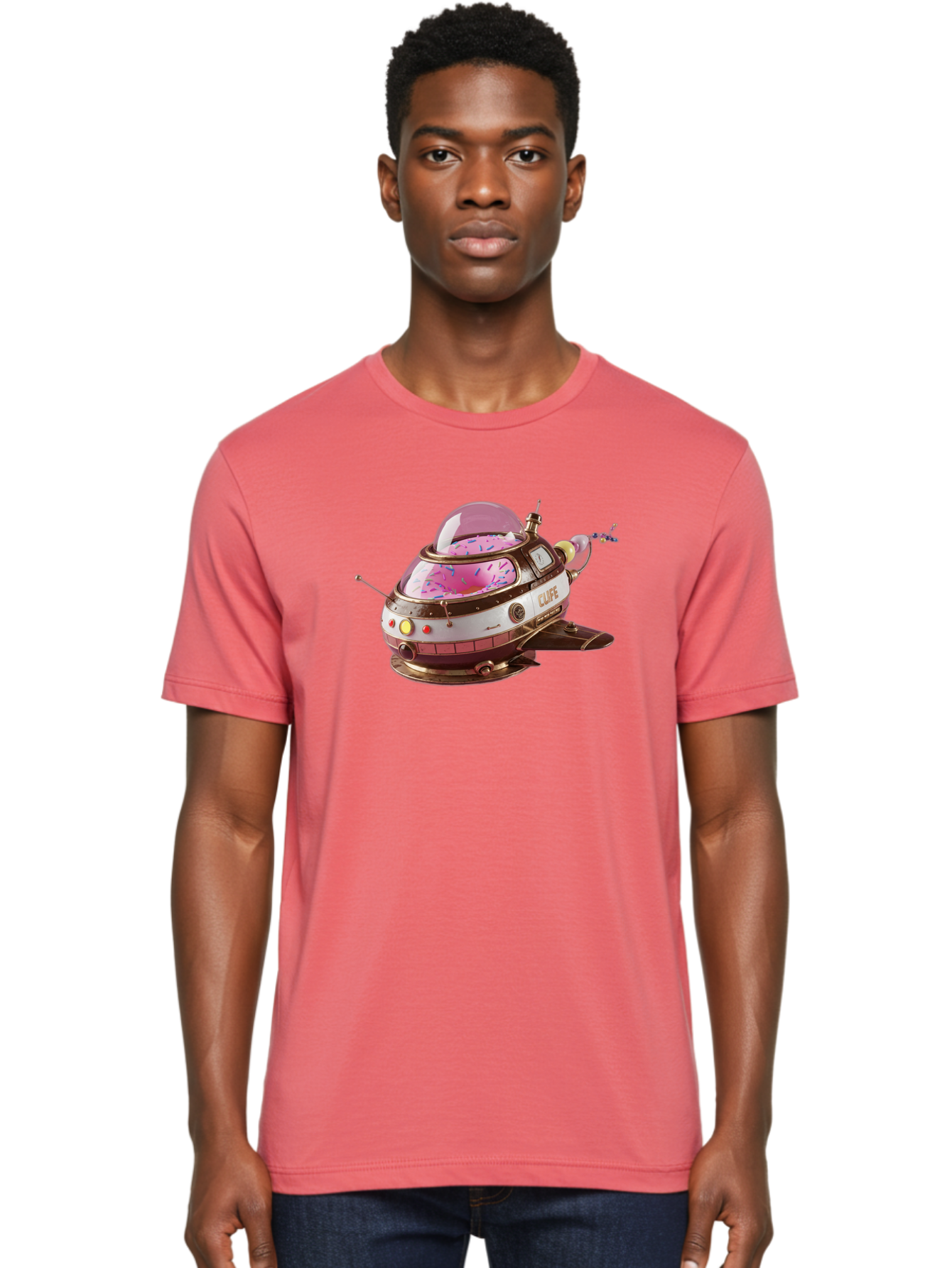 Cufe-Spacecraft Men'S Graphic Tee, 100% Cotton, Comfortable Casual Summer Wear, Machine Washable, Cupcake Spaceship, Futuristic Dessert, Whimsical Design, Sprinkles, Pink Frosting, Retro-Futuristic Style, Cartoonish Charm, Sci-Fi Treat Bab832