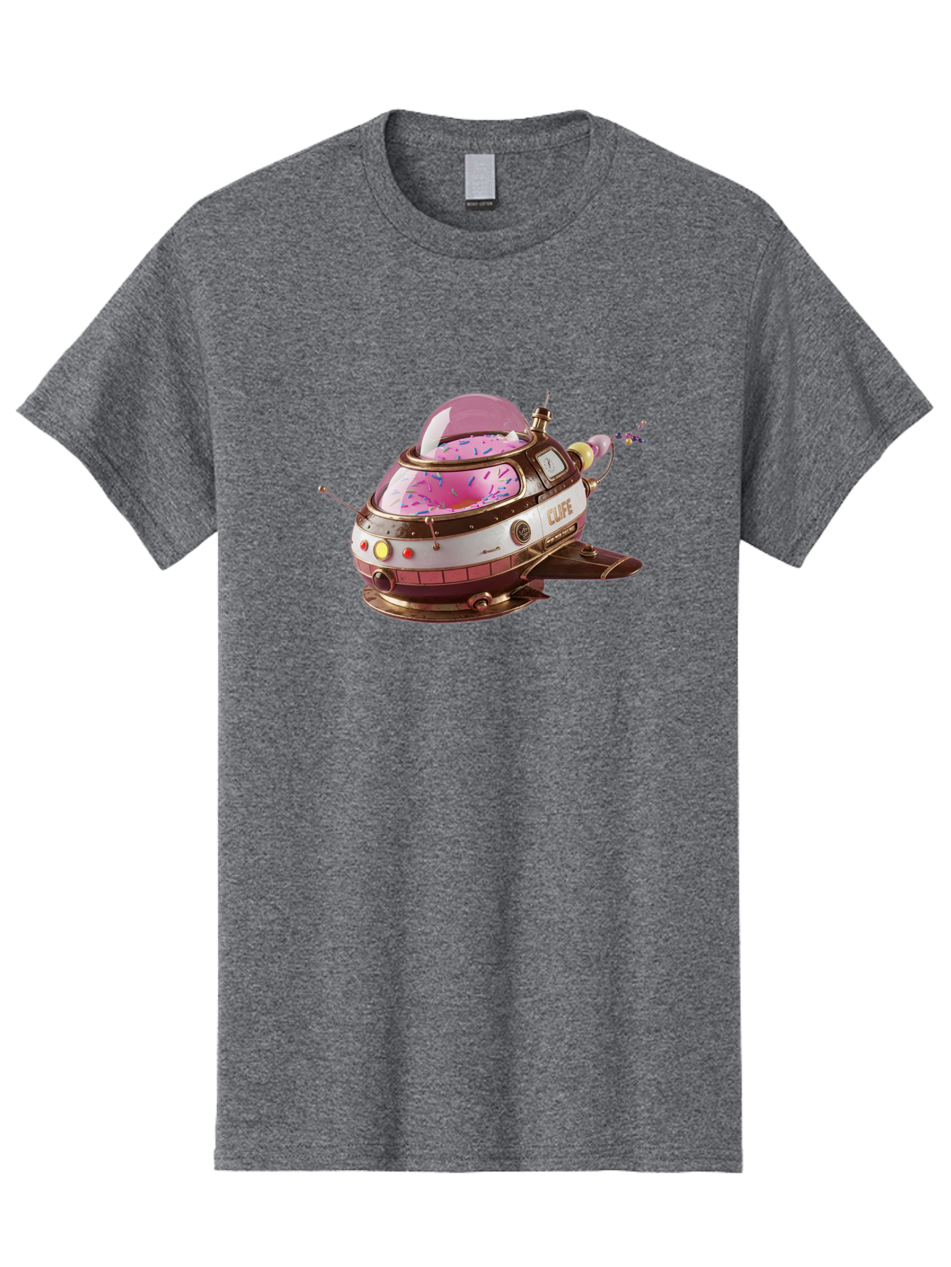 Cufe-Spacecraft Men'S Graphic Tee, 100% Cotton, Comfortable Casual Summer Wear, Machine Washable, Cupcake Spaceship, Futuristic Dessert, Whimsical Design, Sprinkles, Pink Frosting, Retro-Futuristic Style, Cartoonish Charm, Sci-Fi Treat Bab832