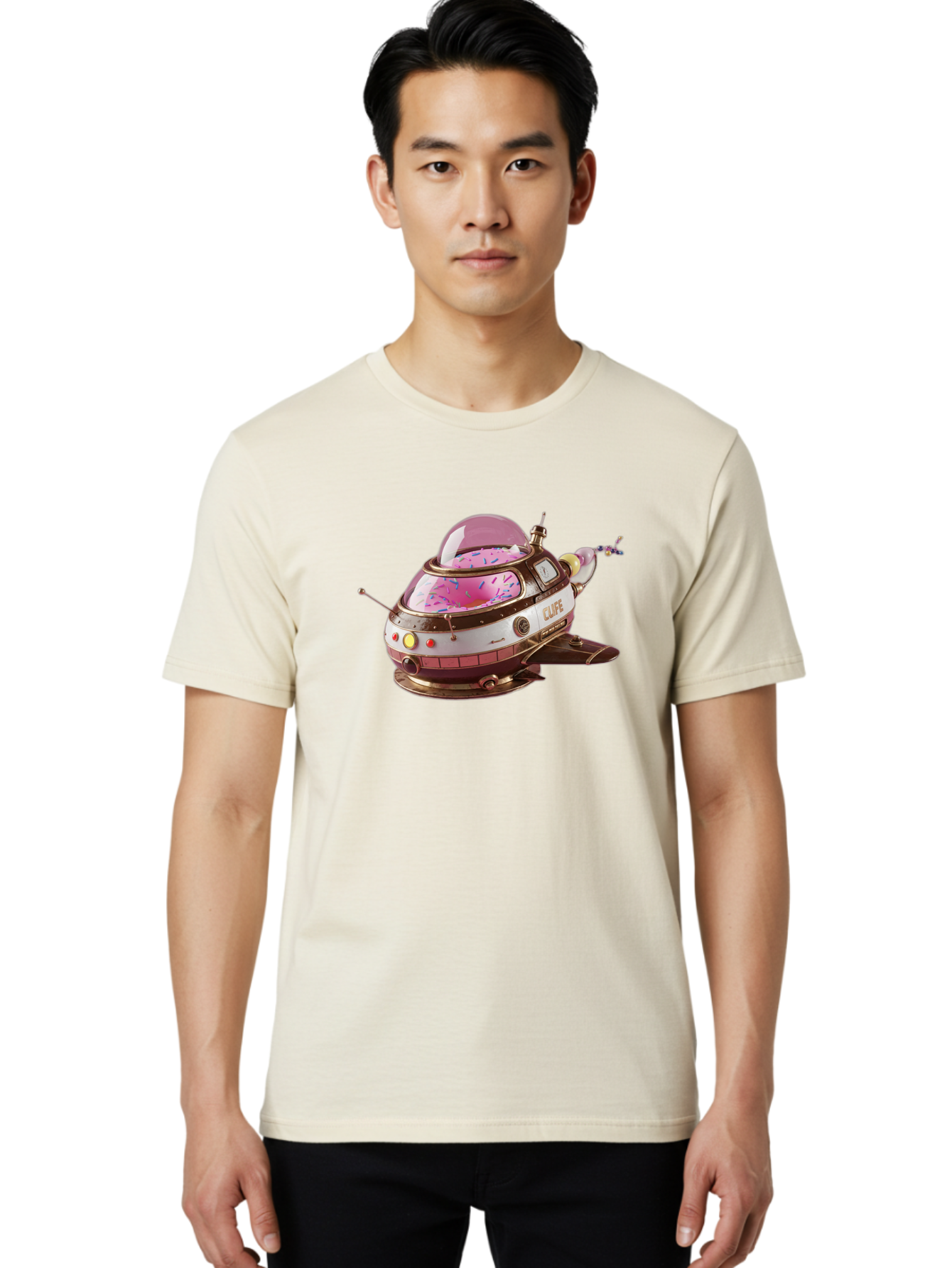 Cufe-Spacecraft Men'S Graphic Tee, 100% Cotton, Comfortable Casual Summer Wear, Machine Washable, Cupcake Spaceship, Futuristic Dessert, Whimsical Design, Sprinkles, Pink Frosting, Retro-Futuristic Style, Cartoonish Charm, Sci-Fi Treat Bab832