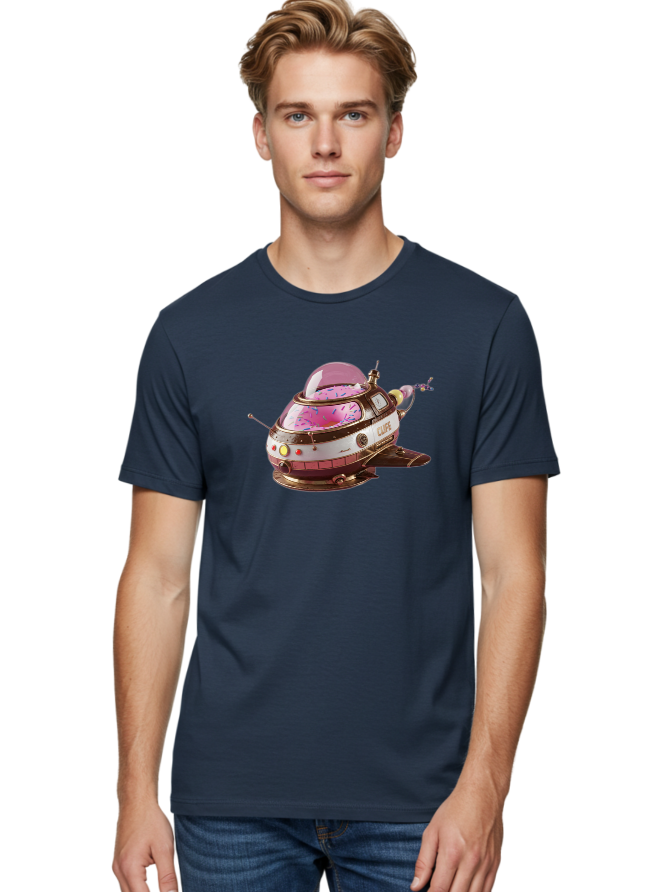 Cufe-Spacecraft Men'S Graphic Tee, 100% Cotton, Comfortable Casual Summer Wear, Machine Washable, Cupcake Spaceship, Futuristic Dessert, Whimsical Design, Sprinkles, Pink Frosting, Retro-Futuristic Style, Cartoonish Charm, Sci-Fi Treat Bab832