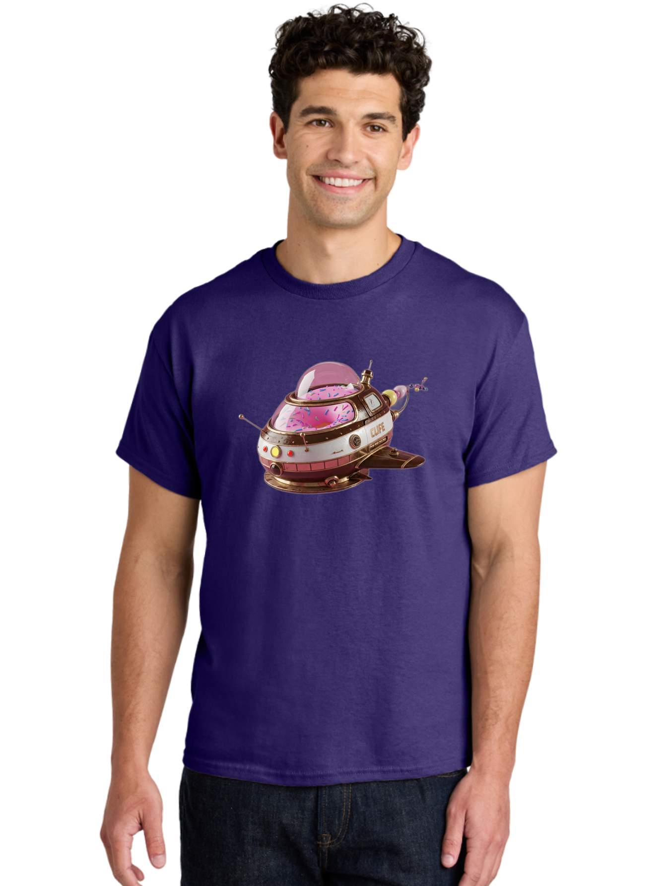 Cufe-Spacecraft Men'S Graphic Tee, 100% Cotton, Comfortable Casual Summer Wear, Machine Washable, Cupcake Spaceship, Futuristic Dessert, Whimsical Design, Sprinkles, Pink Frosting, Retro-Futuristic Style, Cartoonish Charm, Sci-Fi Treat Bab832
