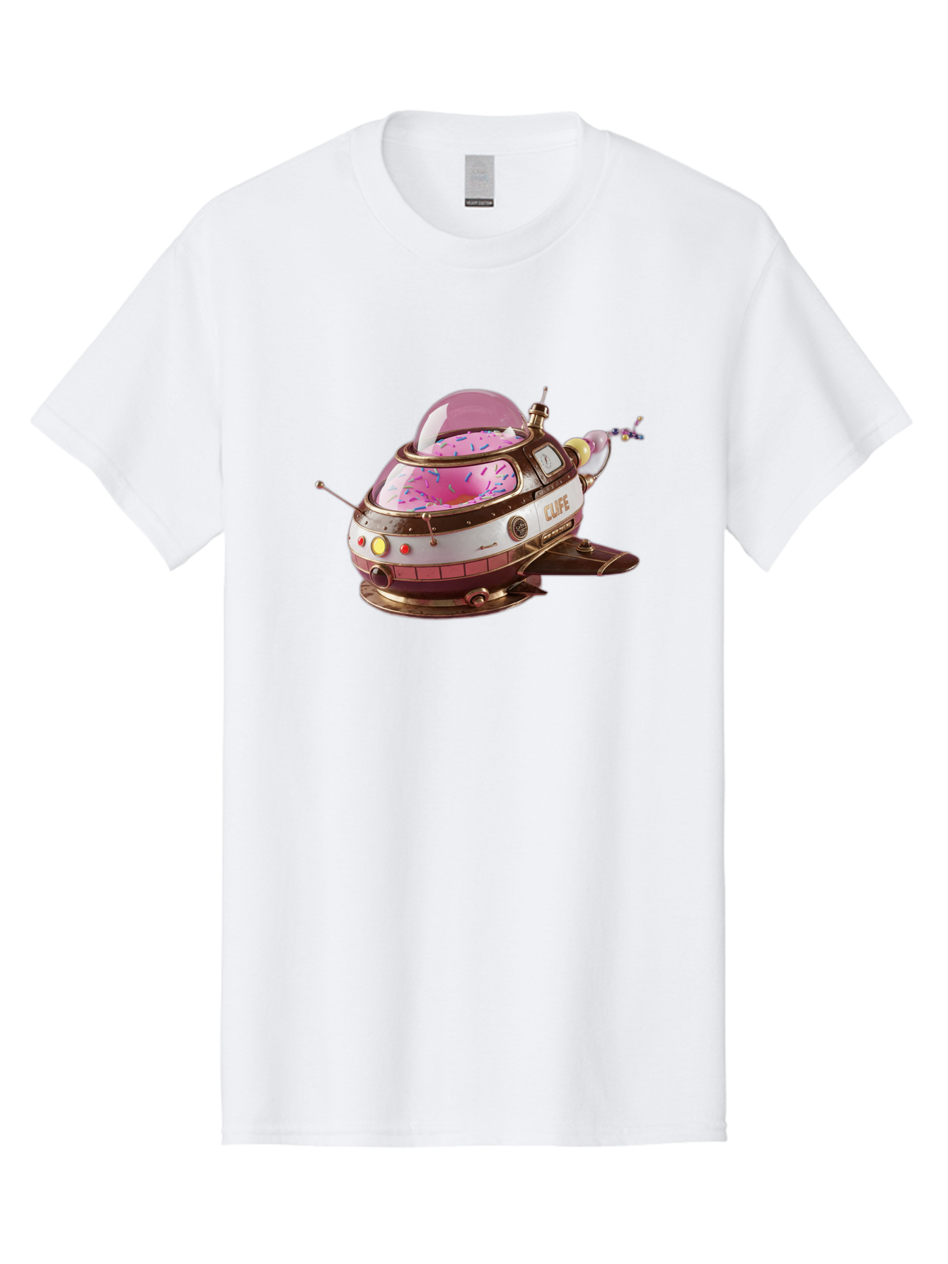 Cufe-Spacecraft Men'S Graphic Tee, 100% Cotton, Comfortable Casual Summer Wear, Machine Washable, Cupcake Spaceship, Futuristic Dessert, Whimsical Design, Sprinkles, Pink Frosting, Retro-Futuristic Style, Cartoonish Charm, Sci-Fi Treat Bab832