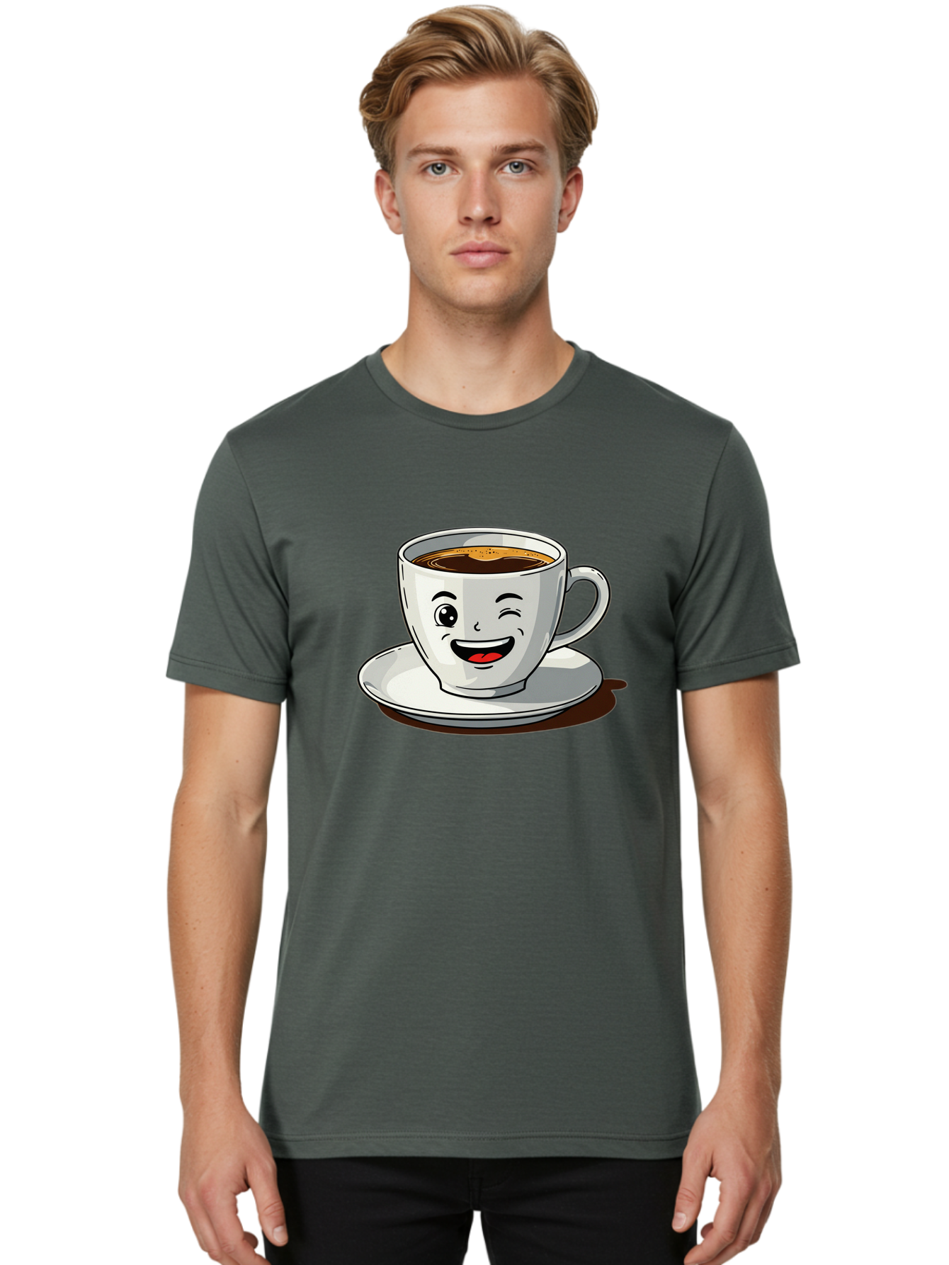 Cup-Of-Coffee-1 Men'S Graphic Tee, 100% Cotton, Comfortable Casual Summer Wear, Machine Washable, Happy Coffee Cup, Smiling Face, Coffee Time, Morning Pick-Me-Up, Caffeinated Beverage, Cartoon Character, Coffee Lover, Funny Illustration, Bab833