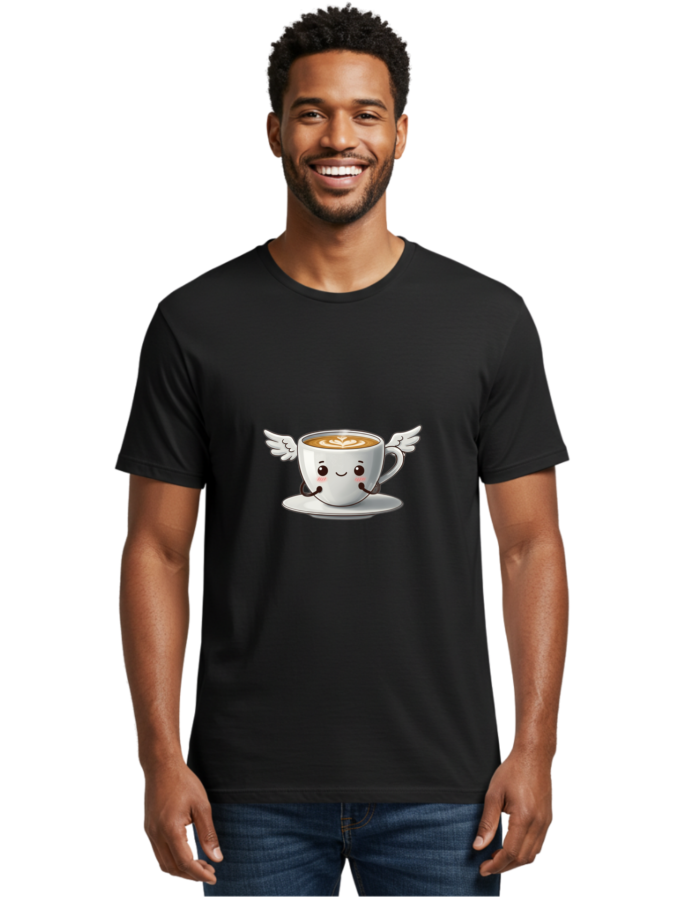 Cup-Of-Coffee-3 Men'S Graphic Tee, 100% Cotton, Comfortable Casual Summer Wear, Machine Washable, Cartoon Coffee Cup, Latte Art, Wings On Coffee Cup, Smiling Coffee, Kawaii Coffee, Cute Coffee, Coffee Character, Coffee Art, Happy Coffee Bab835