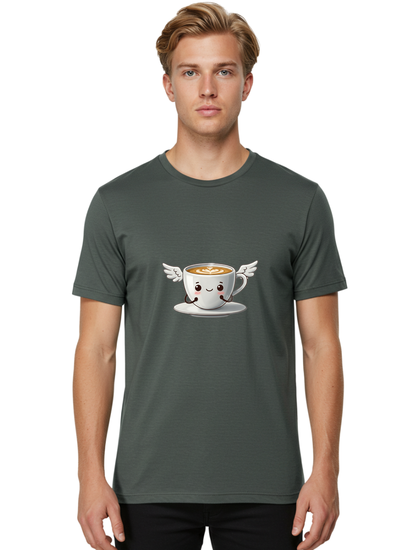 Cup-Of-Coffee-3 Men'S Graphic Tee, 100% Cotton, Comfortable Casual Summer Wear, Machine Washable, Cartoon Coffee Cup, Latte Art, Wings On Coffee Cup, Smiling Coffee, Kawaii Coffee, Cute Coffee, Coffee Character, Coffee Art, Happy Coffee Bab835
