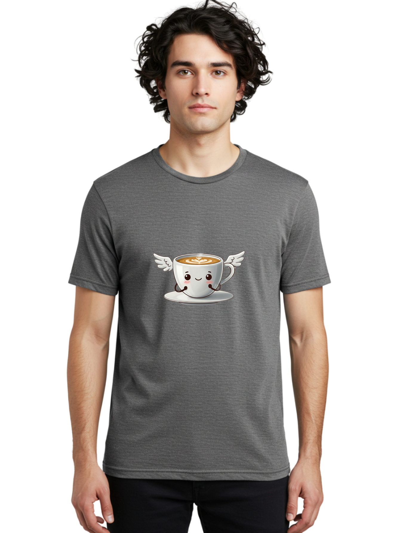 Cup-Of-Coffee-3 Men'S Graphic Tee, 100% Cotton, Comfortable Casual Summer Wear, Machine Washable, Cartoon Coffee Cup, Latte Art, Wings On Coffee Cup, Smiling Coffee, Kawaii Coffee, Cute Coffee, Coffee Character, Coffee Art, Happy Coffee Bab835
