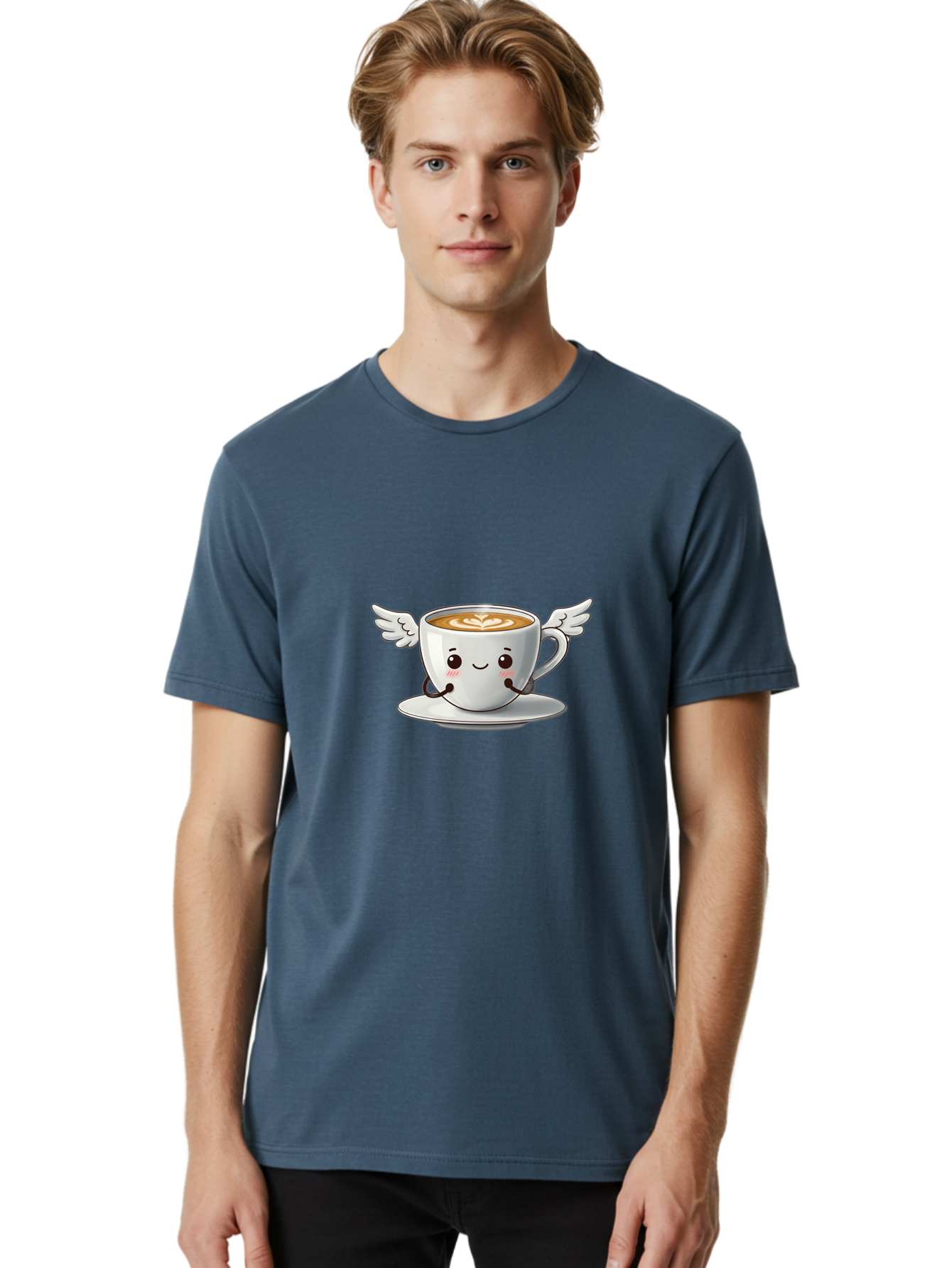 Cup-Of-Coffee-3 Men'S Graphic Tee, 100% Cotton, Comfortable Casual Summer Wear, Machine Washable, Cartoon Coffee Cup, Latte Art, Wings On Coffee Cup, Smiling Coffee, Kawaii Coffee, Cute Coffee, Coffee Character, Coffee Art, Happy Coffee Bab835