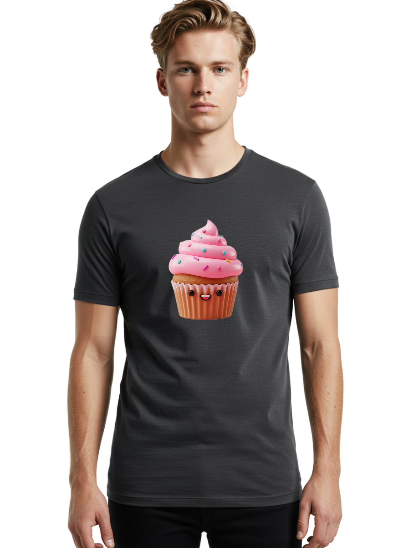 Cupcake Men'S Graphic Tee, 100% Cotton, Comfortable Casual Summer Wear, Machine Washable, Cupcake With Pink Frosting, Sweet Treats, Colorful Sprinkles, Whimsical Design, Happy Face, Dessert Delight, Baked Goods, Cartoon Style Bab843