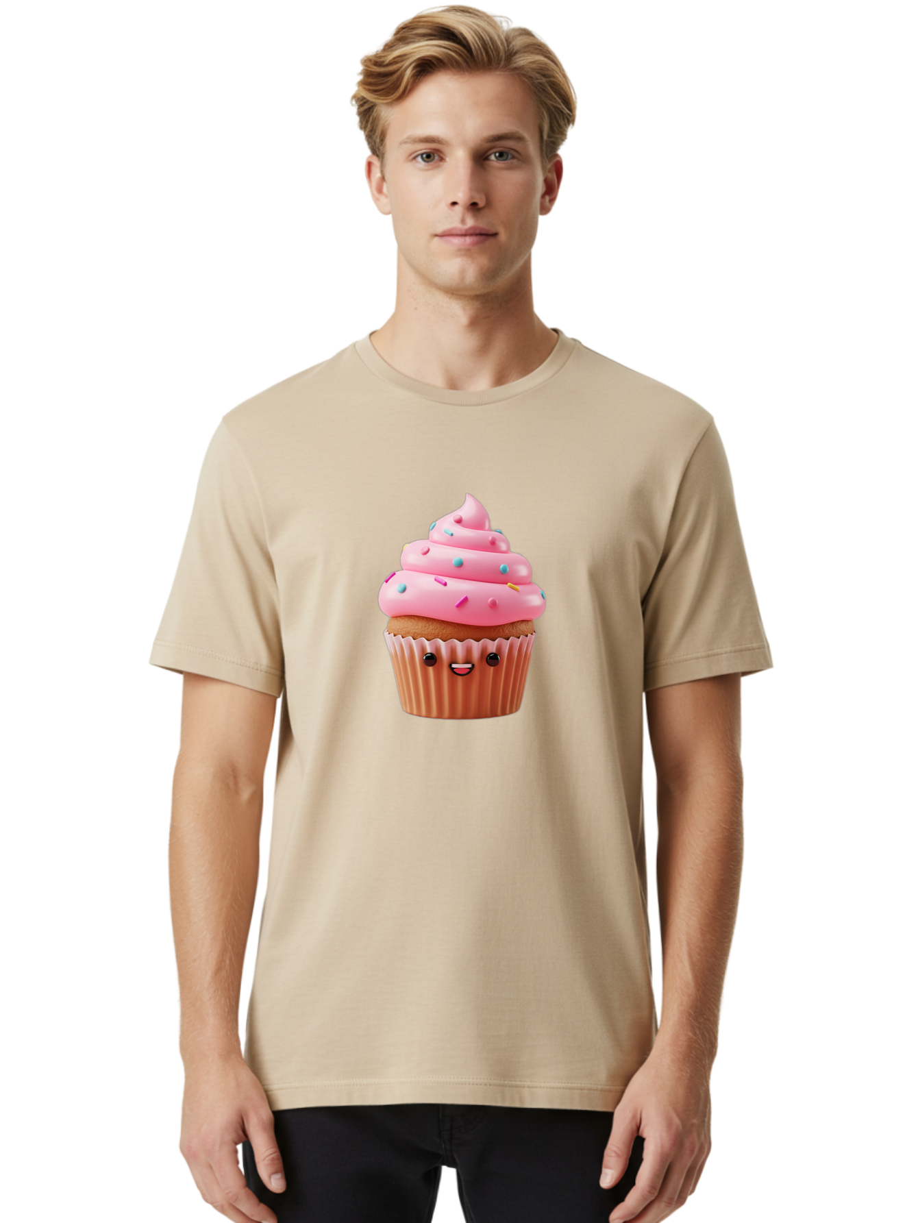 Cupcake Men'S Graphic Tee, 100% Cotton, Comfortable Casual Summer Wear, Machine Washable, Cupcake With Pink Frosting, Sweet Treats, Colorful Sprinkles, Whimsical Design, Happy Face, Dessert Delight, Baked Goods, Cartoon Style Bab843