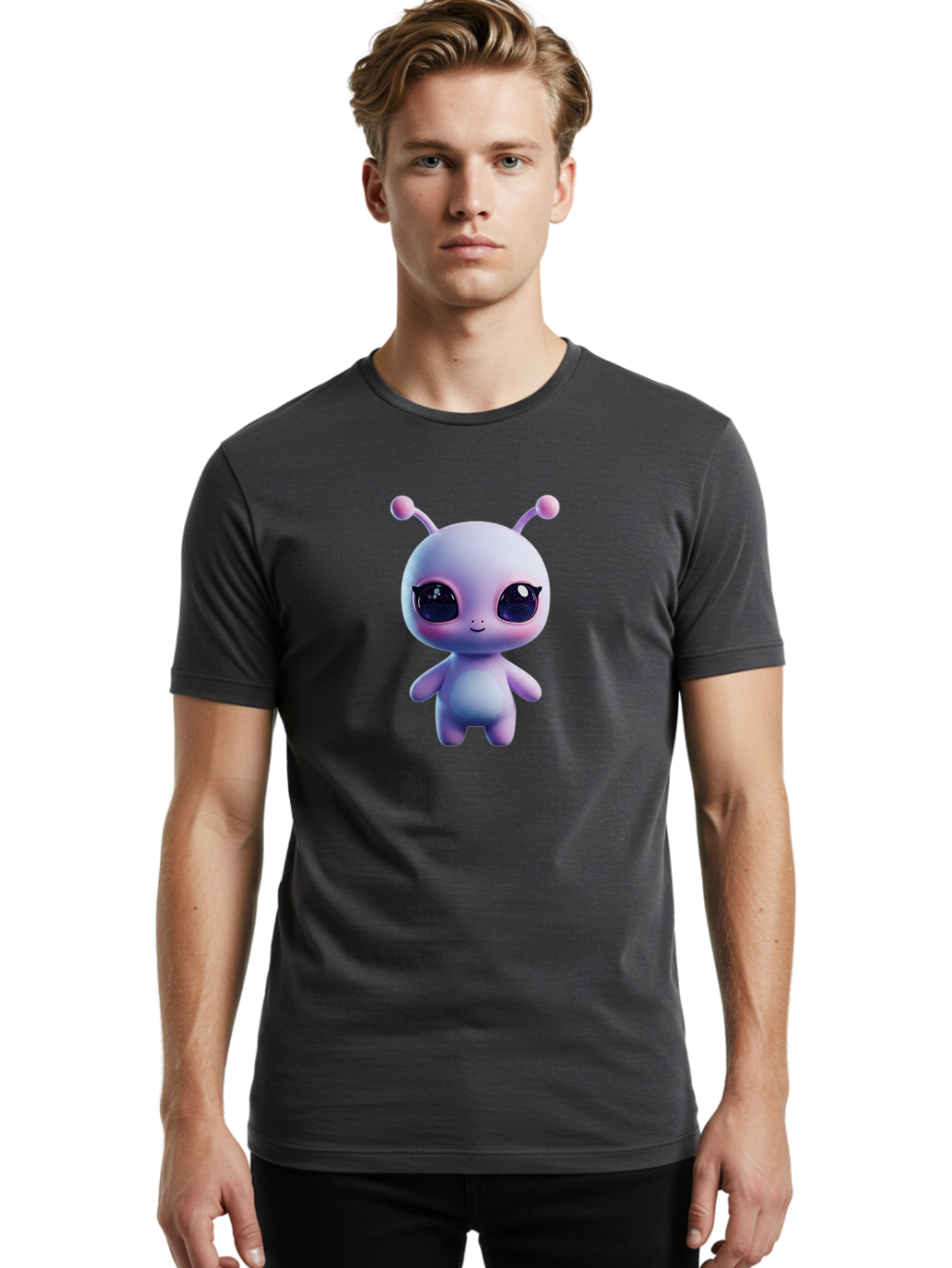 Cute-Alien-Character Men'S Graphic Tee, 100% Cotton, Comfortable Casual Summer Wear, Machine Washable, Alien Character, Cartoon Style, Cute Eyes, Big Eyes, Smiling Face, 3D Rendering, Fantasy Creature, Adorable Being, Purple Hue, Bab844