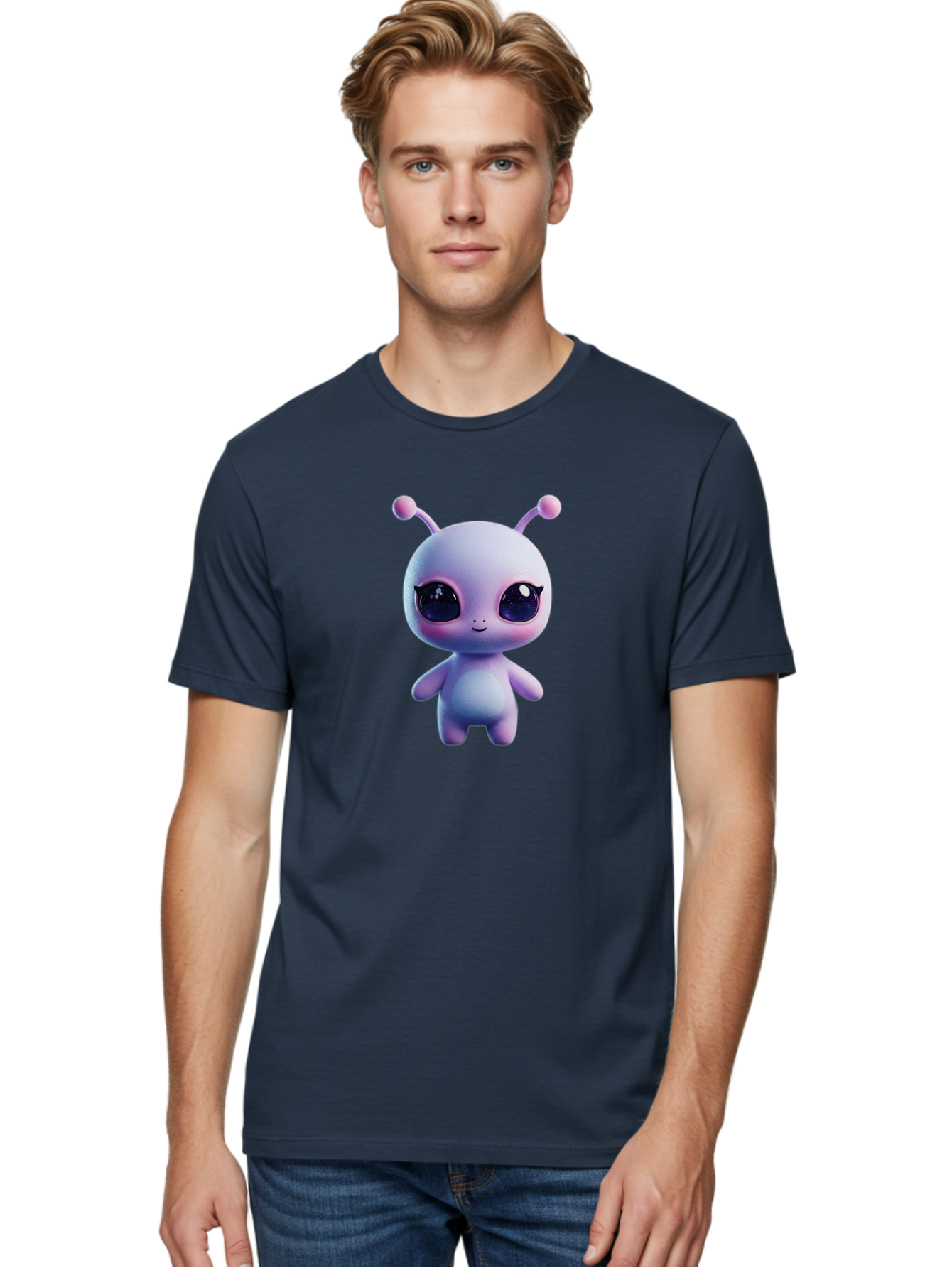 Cute-Alien-Character Men'S Graphic Tee, 100% Cotton, Comfortable Casual Summer Wear, Machine Washable, Alien Character, Cartoon Style, Cute Eyes, Big Eyes, Smiling Face, 3D Rendering, Fantasy Creature, Adorable Being, Purple Hue, Bab844