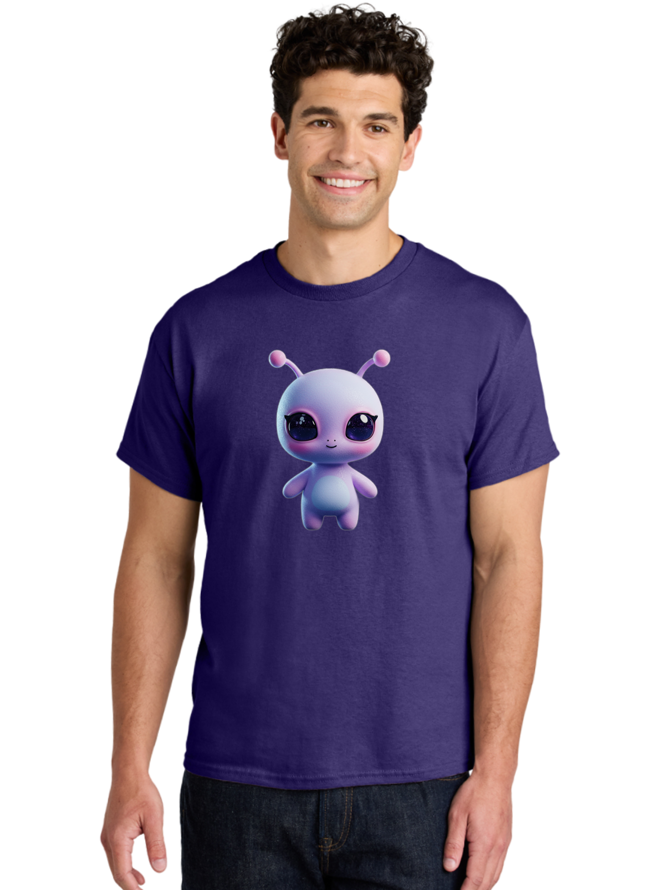 Cute-Alien-Character Men'S Graphic Tee, 100% Cotton, Comfortable Casual Summer Wear, Machine Washable, Alien Character, Cartoon Style, Cute Eyes, Big Eyes, Smiling Face, 3D Rendering, Fantasy Creature, Adorable Being, Purple Hue, Bab844