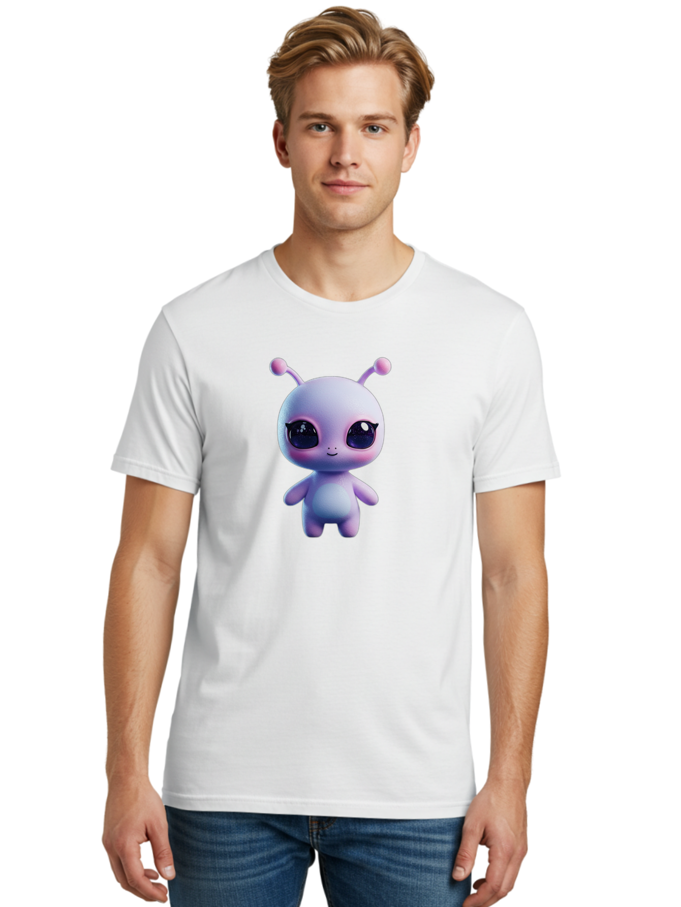 Cute-Alien-Character Men'S Graphic Tee, 100% Cotton, Comfortable Casual Summer Wear, Machine Washable, Alien Character, Cartoon Style, Cute Eyes, Big Eyes, Smiling Face, 3D Rendering, Fantasy Creature, Adorable Being, Purple Hue, Bab844