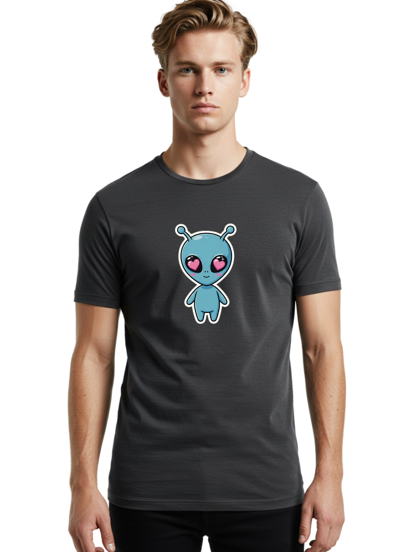 Cute-Alien Men'S Graphic Tee, 100% Cotton, Comfortable Casual Summer Wear, Machine Washable, Cartoon Alien, Cute Extraterrestrial, Blue Creature, Heart Eyes, Pink Irises, Kawaii Character, Alien Illustration, Quirky Design, Adorable Being Bab845
