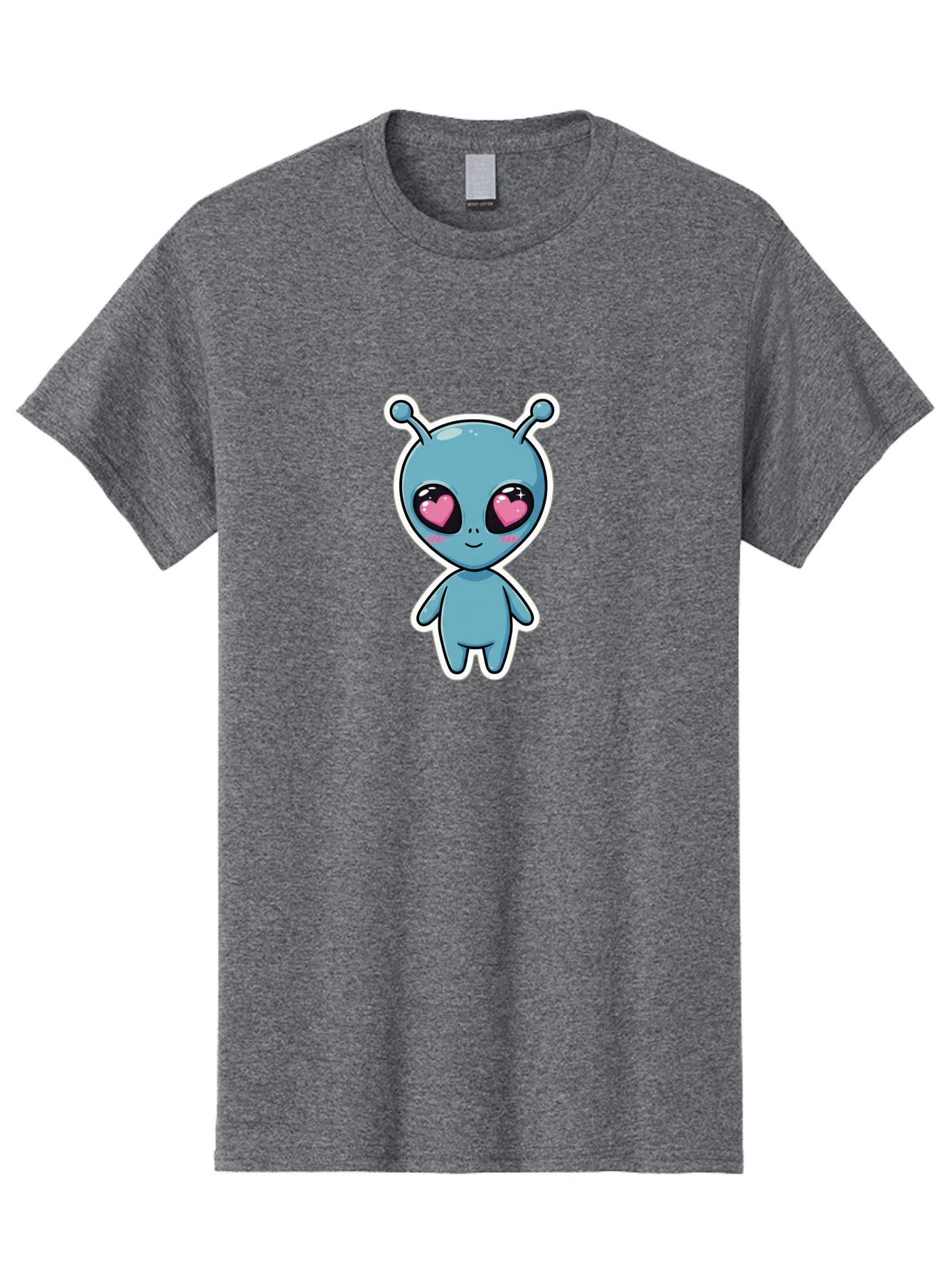 Cute-Alien Men'S Graphic Tee, 100% Cotton, Comfortable Casual Summer Wear, Machine Washable, Cartoon Alien, Cute Extraterrestrial, Blue Creature, Heart Eyes, Pink Irises, Kawaii Character, Alien Illustration, Quirky Design, Adorable Being Bab845