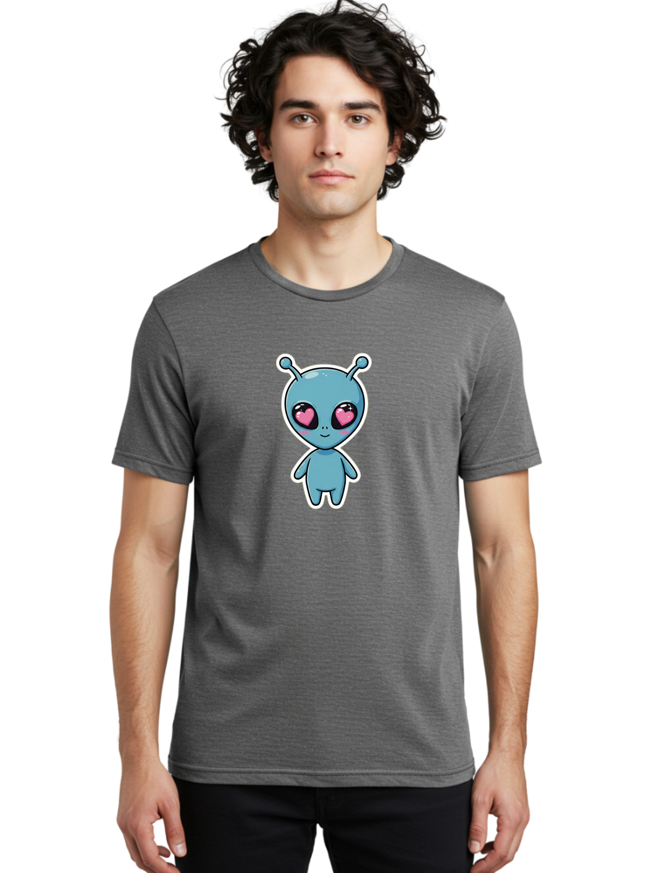 Cute-Alien Men'S Graphic Tee, 100% Cotton, Comfortable Casual Summer Wear, Machine Washable, Cartoon Alien, Cute Extraterrestrial, Blue Creature, Heart Eyes, Pink Irises, Kawaii Character, Alien Illustration, Quirky Design, Adorable Being Bab845