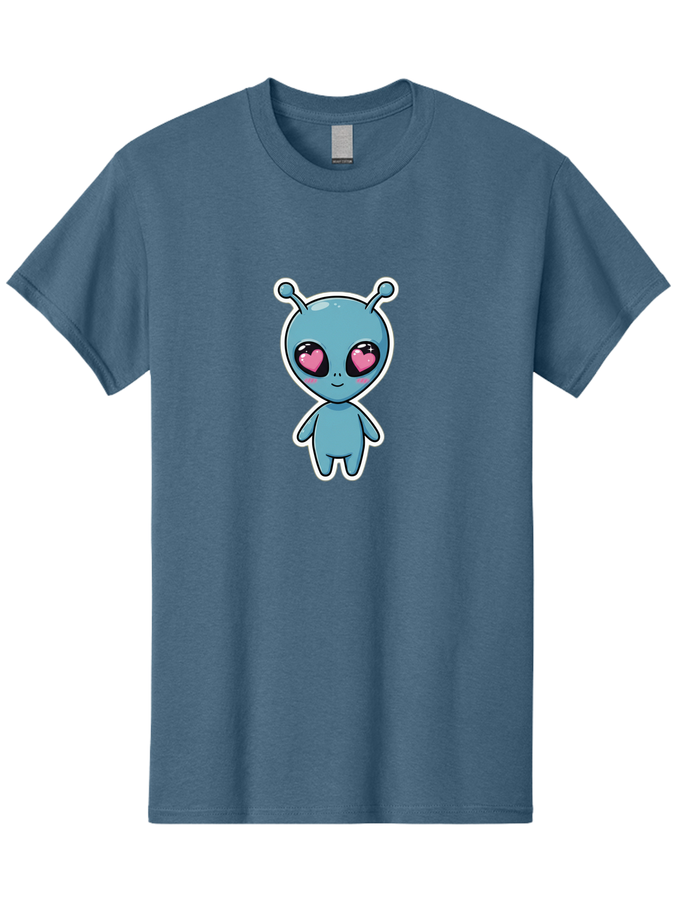 Cute-Alien Men'S Graphic Tee, 100% Cotton, Comfortable Casual Summer Wear, Machine Washable, Cartoon Alien, Cute Extraterrestrial, Blue Creature, Heart Eyes, Pink Irises, Kawaii Character, Alien Illustration, Quirky Design, Adorable Being Bab845