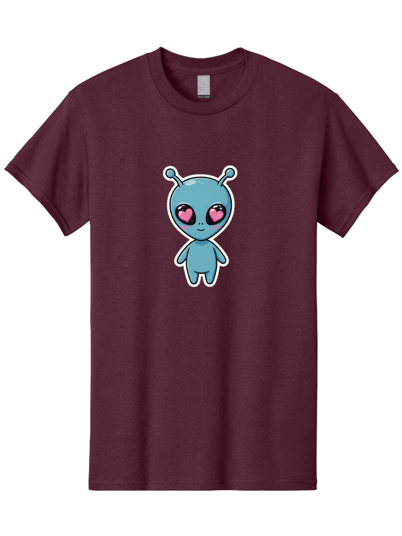 Cute-Alien Men'S Graphic Tee, 100% Cotton, Comfortable Casual Summer Wear, Machine Washable, Cartoon Alien, Cute Extraterrestrial, Blue Creature, Heart Eyes, Pink Irises, Kawaii Character, Alien Illustration, Quirky Design, Adorable Being Bab845