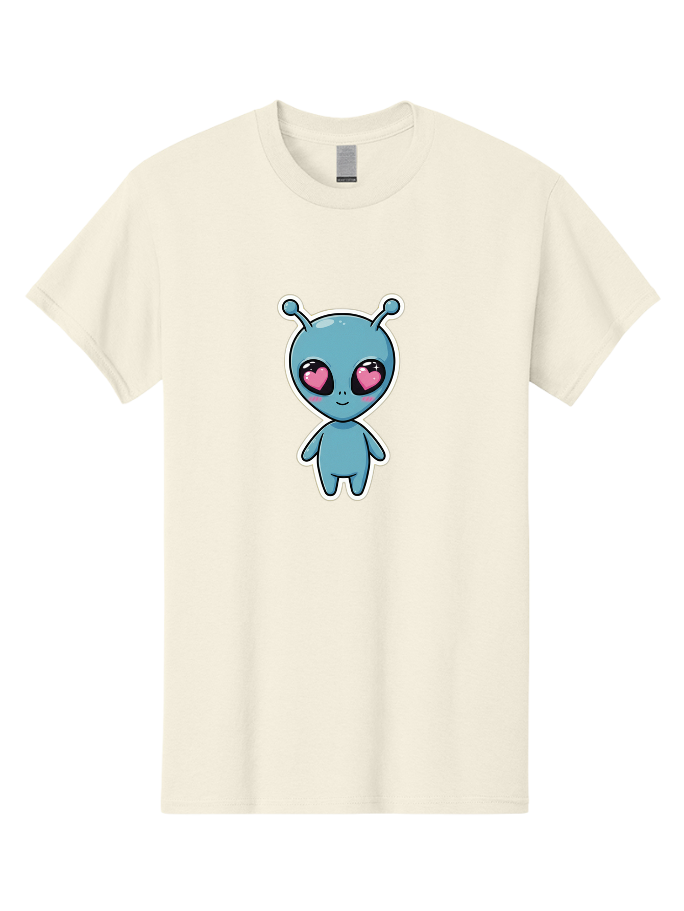 Cute-Alien Men'S Graphic Tee, 100% Cotton, Comfortable Casual Summer Wear, Machine Washable, Cartoon Alien, Cute Extraterrestrial, Blue Creature, Heart Eyes, Pink Irises, Kawaii Character, Alien Illustration, Quirky Design, Adorable Being Bab845