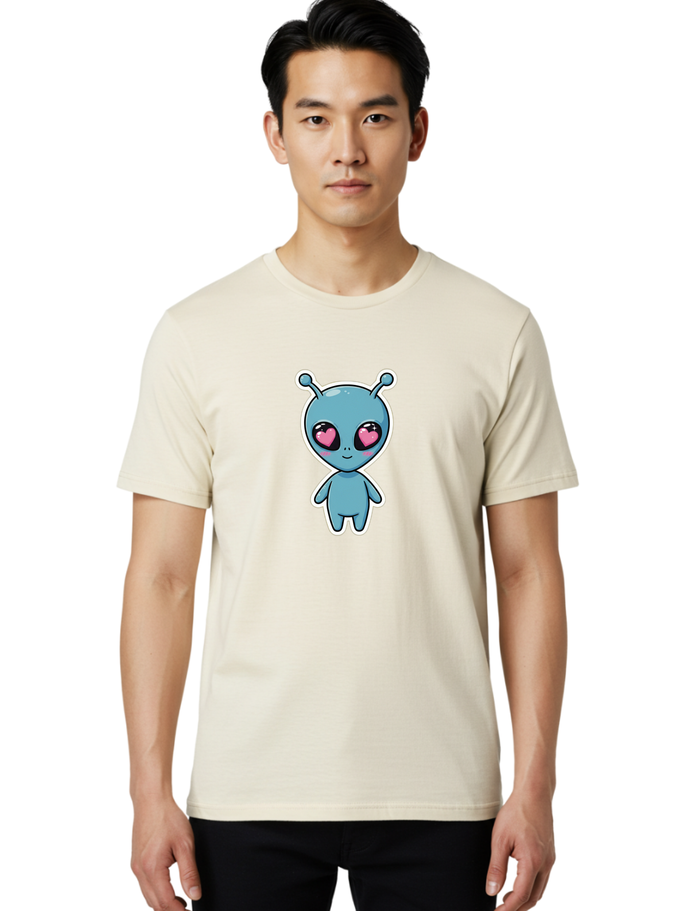 Cute-Alien Men'S Graphic Tee, 100% Cotton, Comfortable Casual Summer Wear, Machine Washable, Cartoon Alien, Cute Extraterrestrial, Blue Creature, Heart Eyes, Pink Irises, Kawaii Character, Alien Illustration, Quirky Design, Adorable Being Bab845