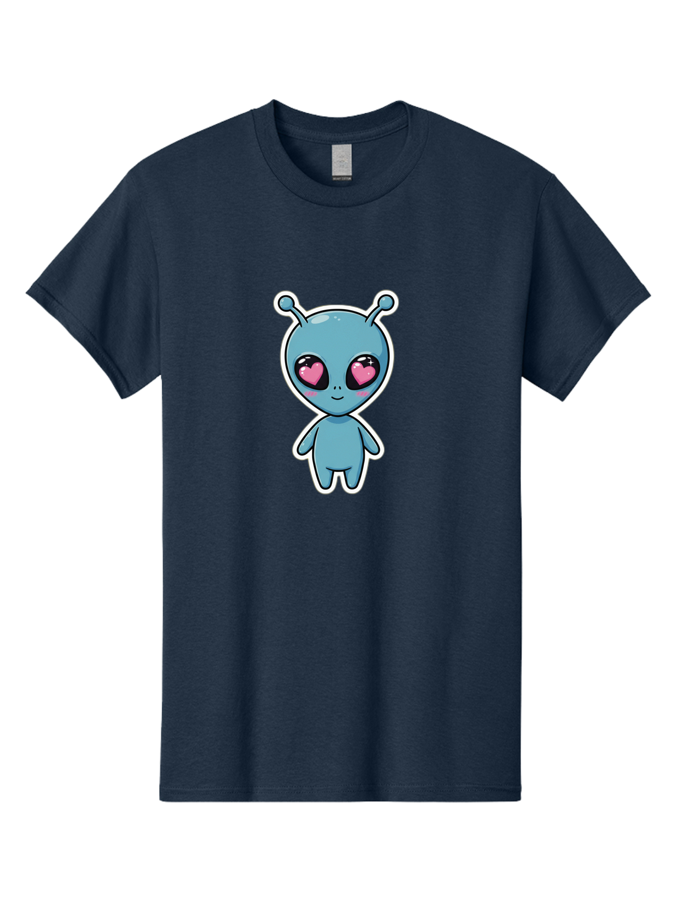 Cute-Alien Men'S Graphic Tee, 100% Cotton, Comfortable Casual Summer Wear, Machine Washable, Cartoon Alien, Cute Extraterrestrial, Blue Creature, Heart Eyes, Pink Irises, Kawaii Character, Alien Illustration, Quirky Design, Adorable Being Bab845