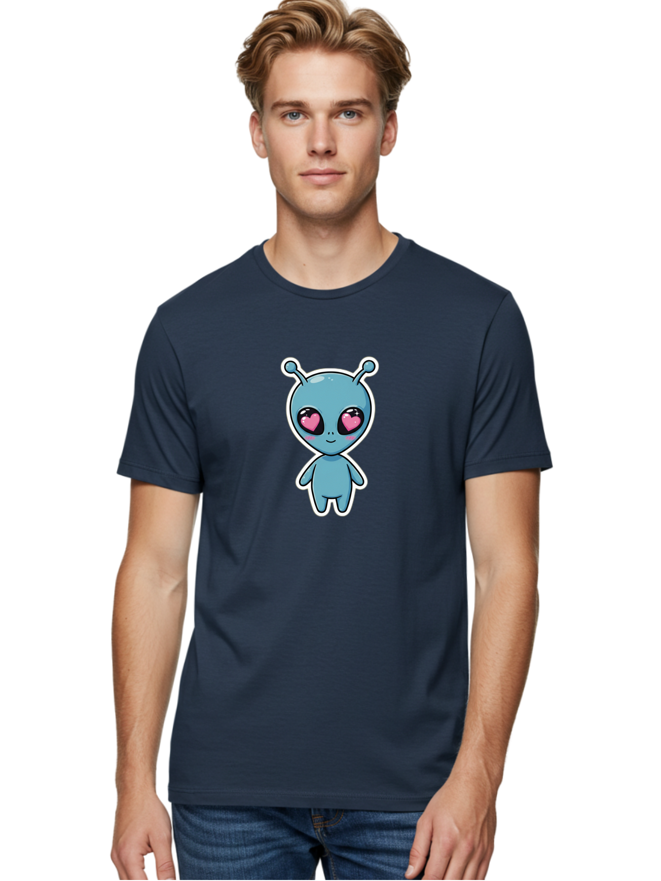 Cute-Alien Men'S Graphic Tee, 100% Cotton, Comfortable Casual Summer Wear, Machine Washable, Cartoon Alien, Cute Extraterrestrial, Blue Creature, Heart Eyes, Pink Irises, Kawaii Character, Alien Illustration, Quirky Design, Adorable Being Bab845