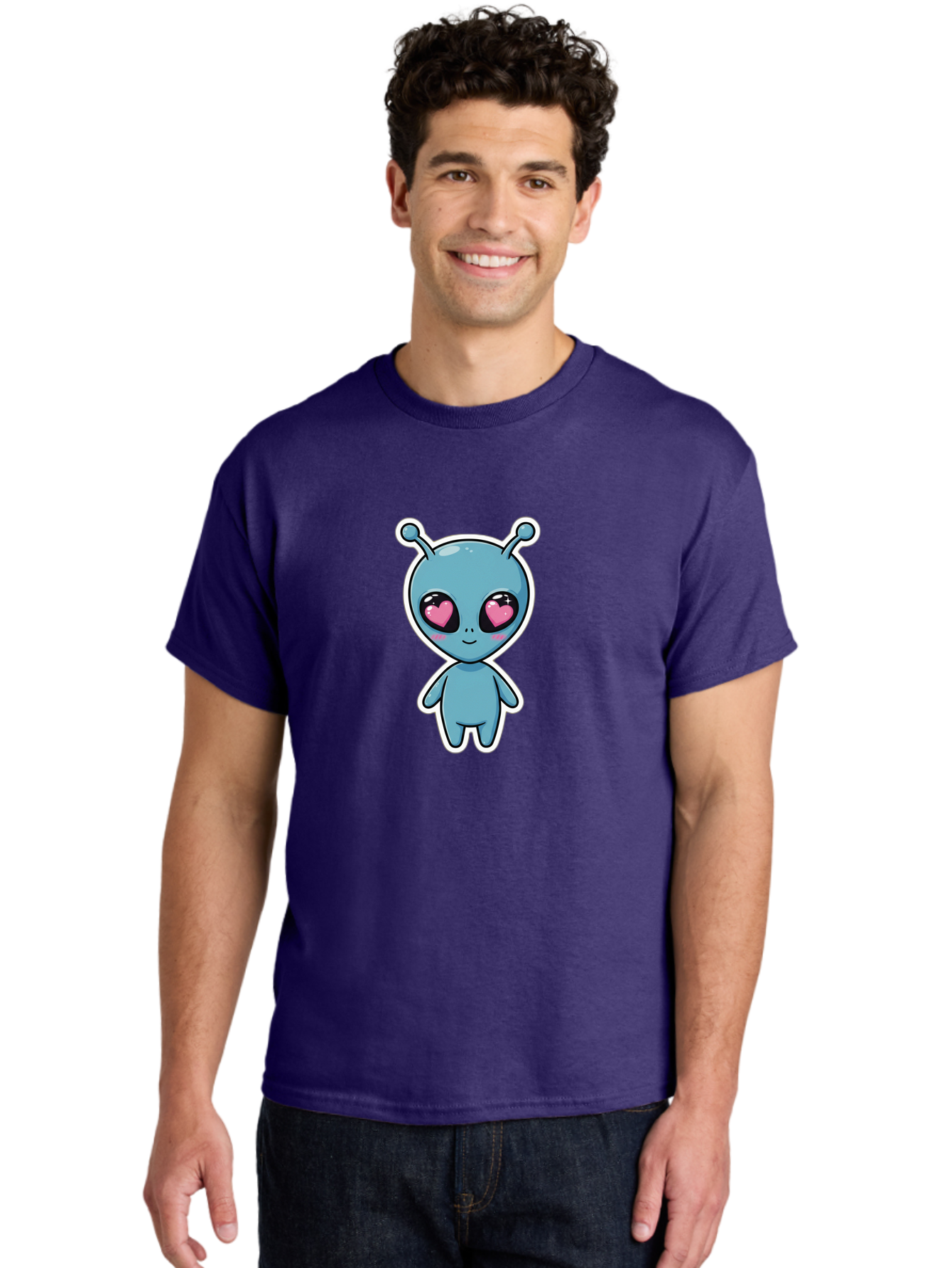 Cute-Alien Men'S Graphic Tee, 100% Cotton, Comfortable Casual Summer Wear, Machine Washable, Cartoon Alien, Cute Extraterrestrial, Blue Creature, Heart Eyes, Pink Irises, Kawaii Character, Alien Illustration, Quirky Design, Adorable Being Bab845
