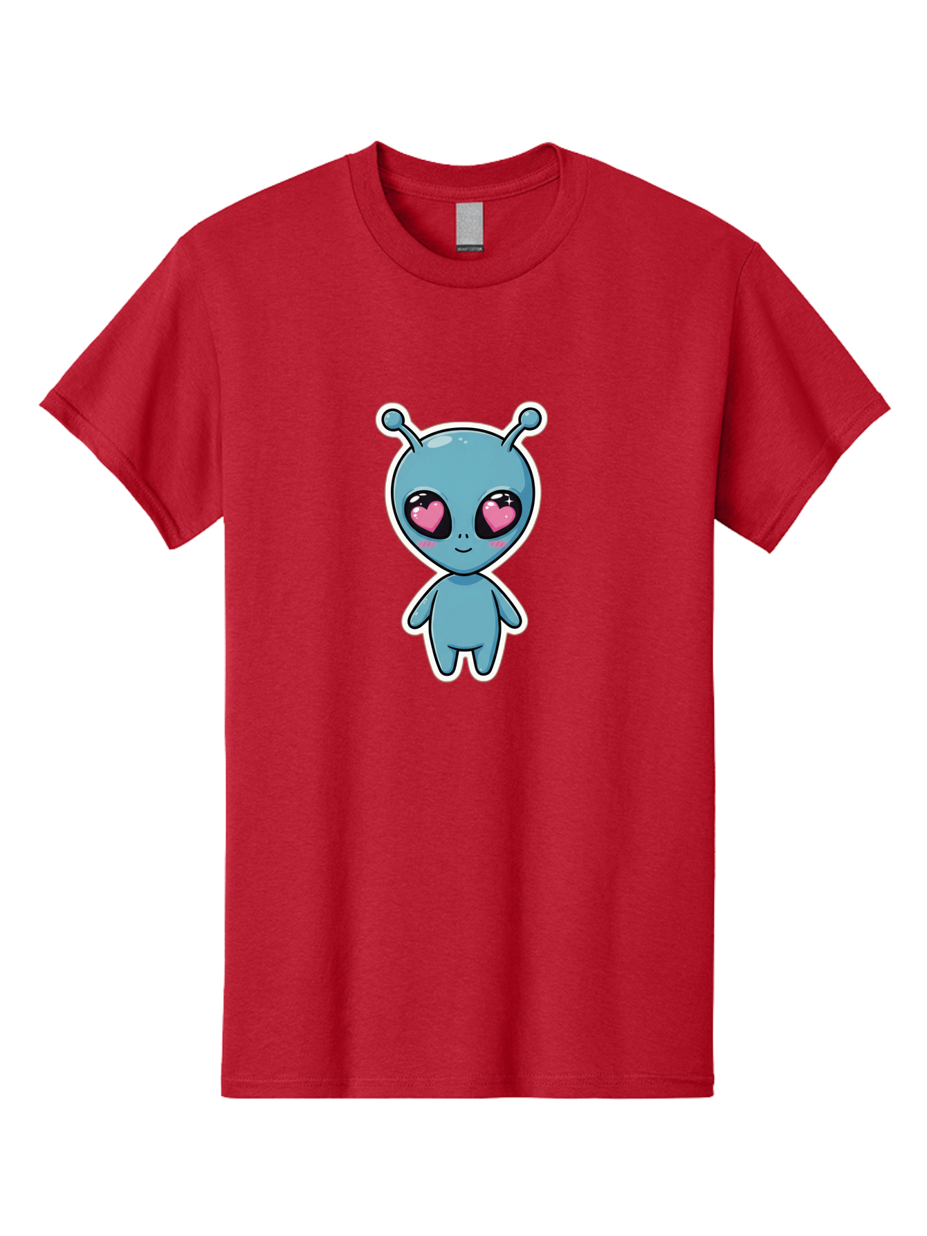 Cute-Alien Men'S Graphic Tee, 100% Cotton, Comfortable Casual Summer Wear, Machine Washable, Cartoon Alien, Cute Extraterrestrial, Blue Creature, Heart Eyes, Pink Irises, Kawaii Character, Alien Illustration, Quirky Design, Adorable Being Bab845