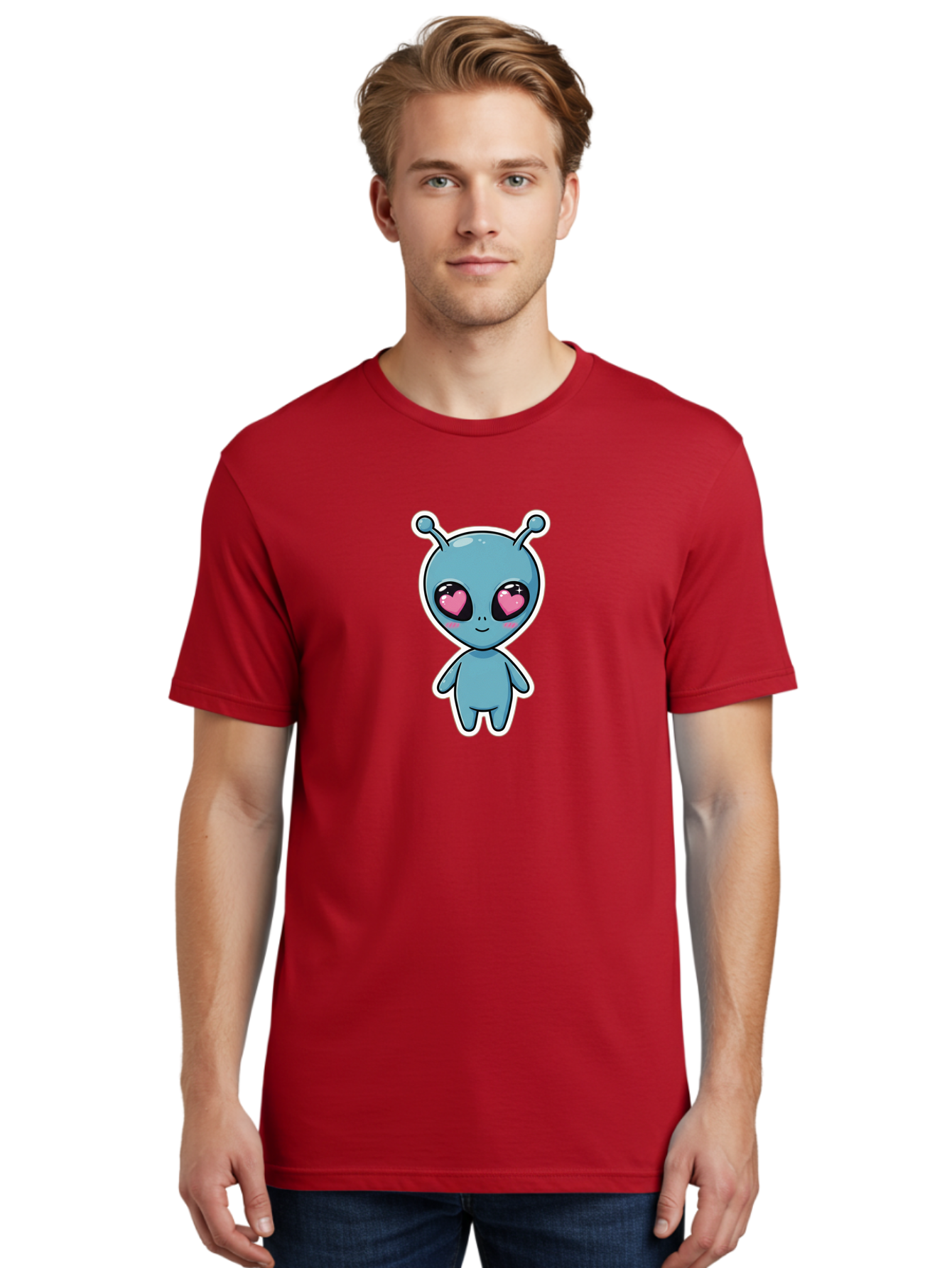 Cute-Alien Men'S Graphic Tee, 100% Cotton, Comfortable Casual Summer Wear, Machine Washable, Cartoon Alien, Cute Extraterrestrial, Blue Creature, Heart Eyes, Pink Irises, Kawaii Character, Alien Illustration, Quirky Design, Adorable Being Bab845