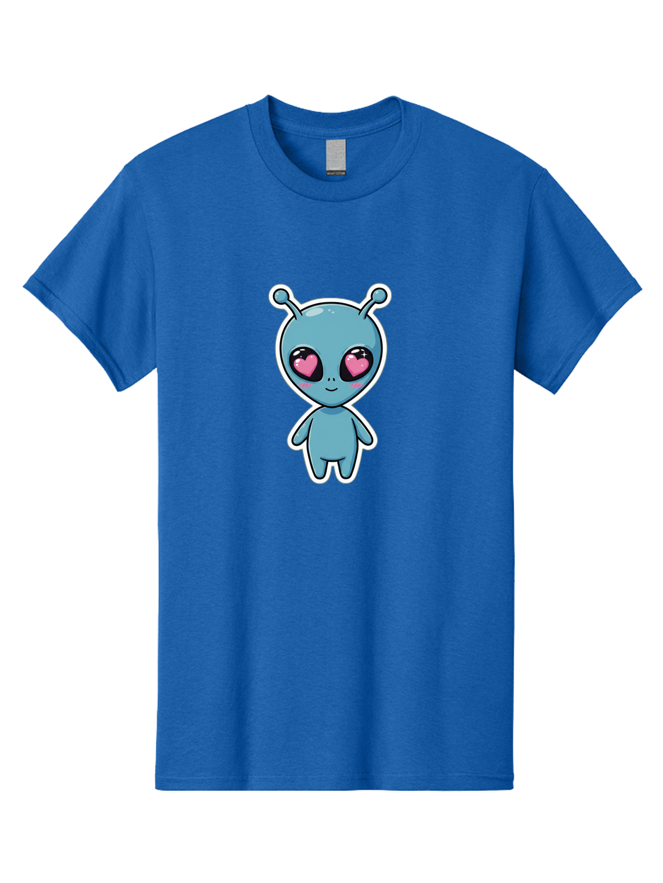 Cute-Alien Men'S Graphic Tee, 100% Cotton, Comfortable Casual Summer Wear, Machine Washable, Cartoon Alien, Cute Extraterrestrial, Blue Creature, Heart Eyes, Pink Irises, Kawaii Character, Alien Illustration, Quirky Design, Adorable Being Bab845
