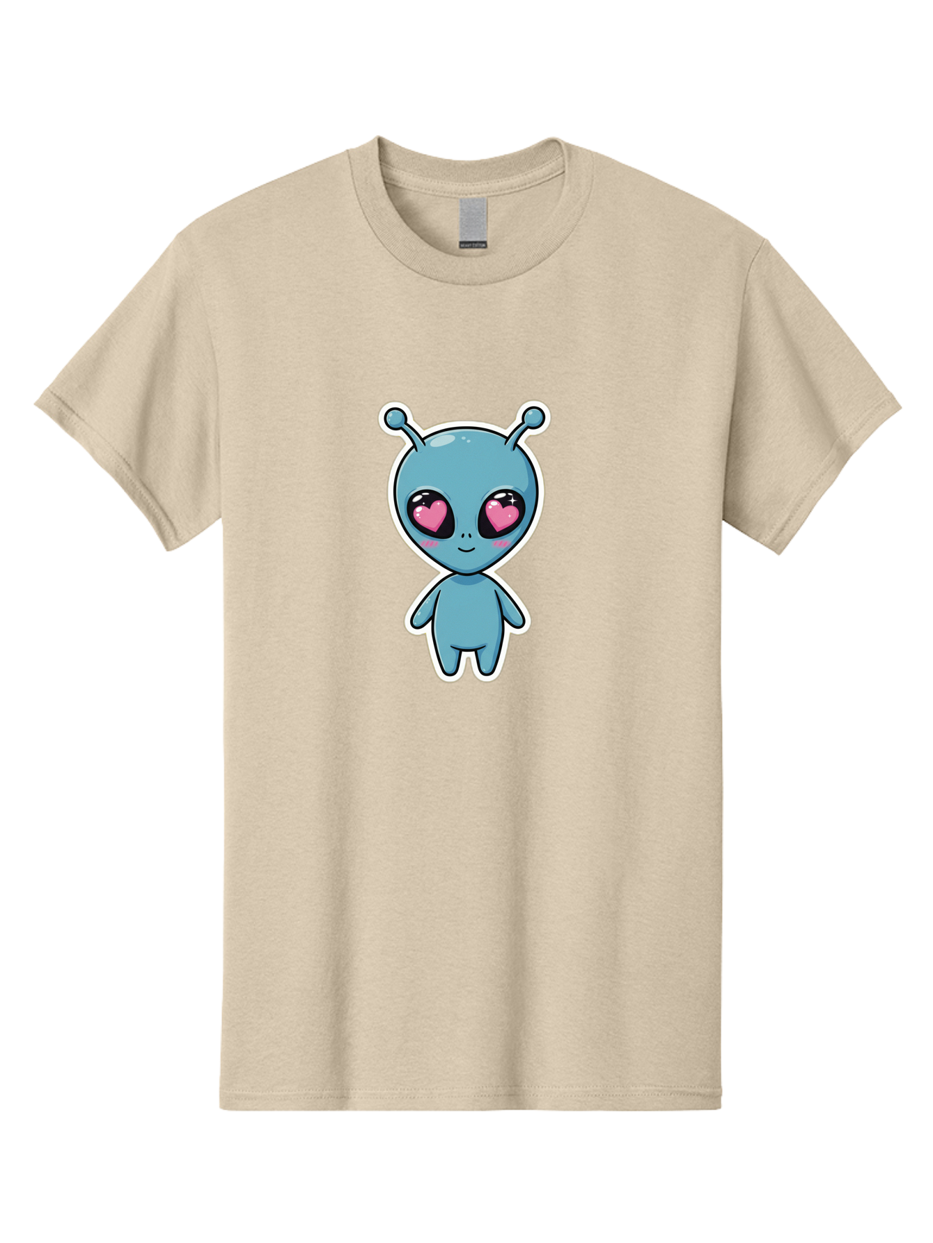 Cute-Alien Men'S Graphic Tee, 100% Cotton, Comfortable Casual Summer Wear, Machine Washable, Cartoon Alien, Cute Extraterrestrial, Blue Creature, Heart Eyes, Pink Irises, Kawaii Character, Alien Illustration, Quirky Design, Adorable Being Bab845
