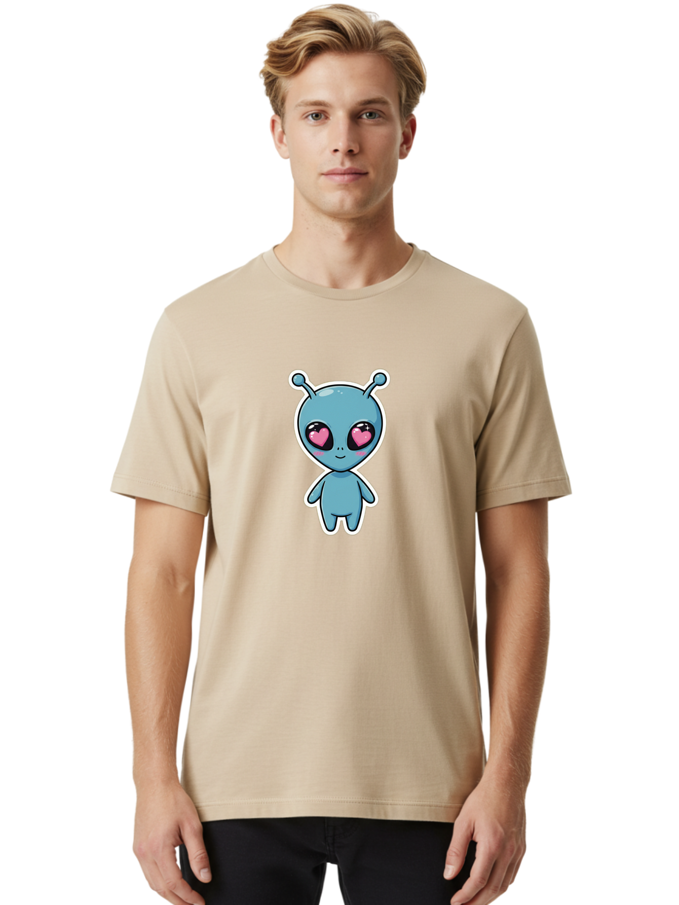 Cute-Alien Men'S Graphic Tee, 100% Cotton, Comfortable Casual Summer Wear, Machine Washable, Cartoon Alien, Cute Extraterrestrial, Blue Creature, Heart Eyes, Pink Irises, Kawaii Character, Alien Illustration, Quirky Design, Adorable Being Bab845