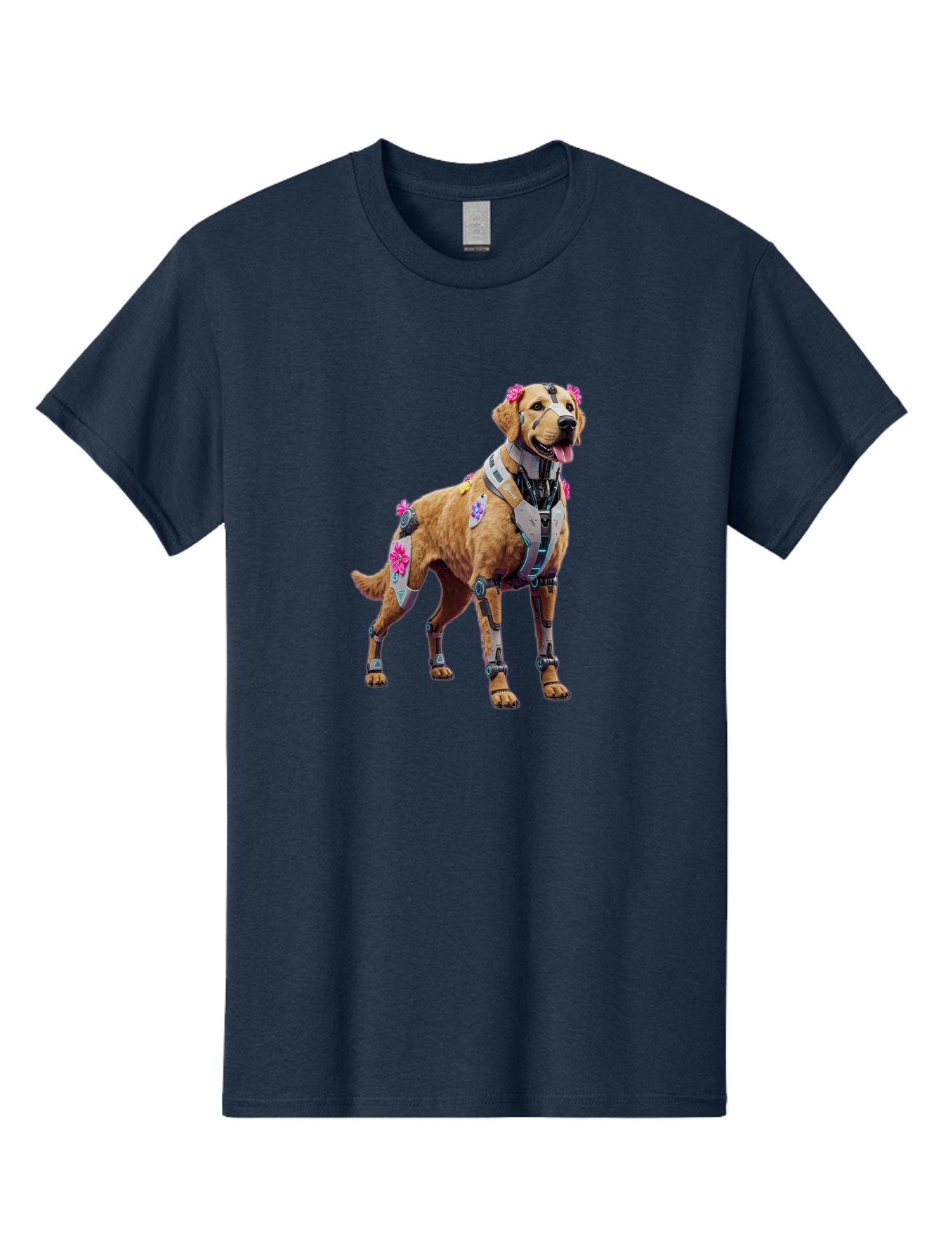 Cyber-Dog Men'S Graphic Tee, 100% Cotton, Comfortable Casual Summer Wear, Machine Washable, Cyberpunk Dog, Futuristic Canine, Dog With Cybernetic Enhancements, Robotic Dog, Sci-Fi Pet, Flowers On Ears, Floral Accents, Metallic Plating, Bab847
