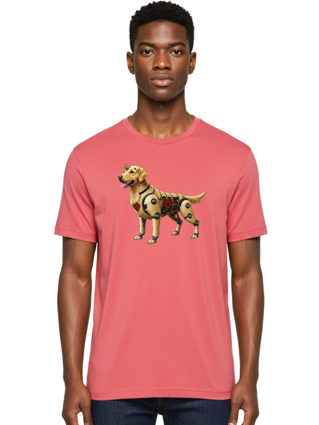 Cyborg-Golden-Retriever Men'S Graphic Tee, 100% Cotton, Comfortable Casual Summer Wear, Machine Washable, Cyborg Dog, Robotic Limbs, Golden Retriever, Futuristic Pet, Sci-Fi Art, Mechanical Enhancements, Heart-Shaped Components, Bab848