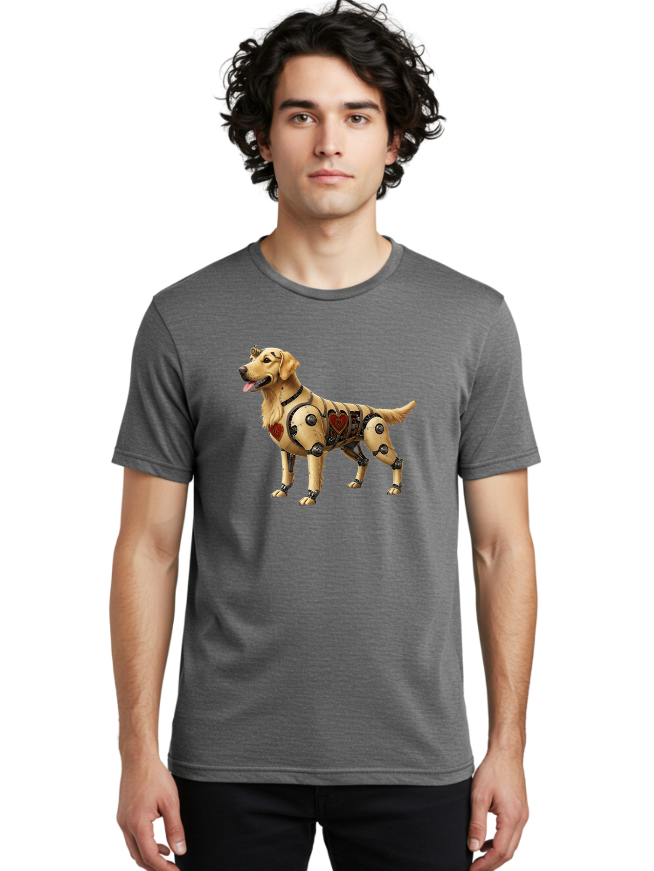 Cyborg-Golden-Retriever Men'S Graphic Tee, 100% Cotton, Comfortable Casual Summer Wear, Machine Washable, Cyborg Dog, Robotic Limbs, Golden Retriever, Futuristic Pet, Sci-Fi Art, Mechanical Enhancements, Heart-Shaped Components, Bab848