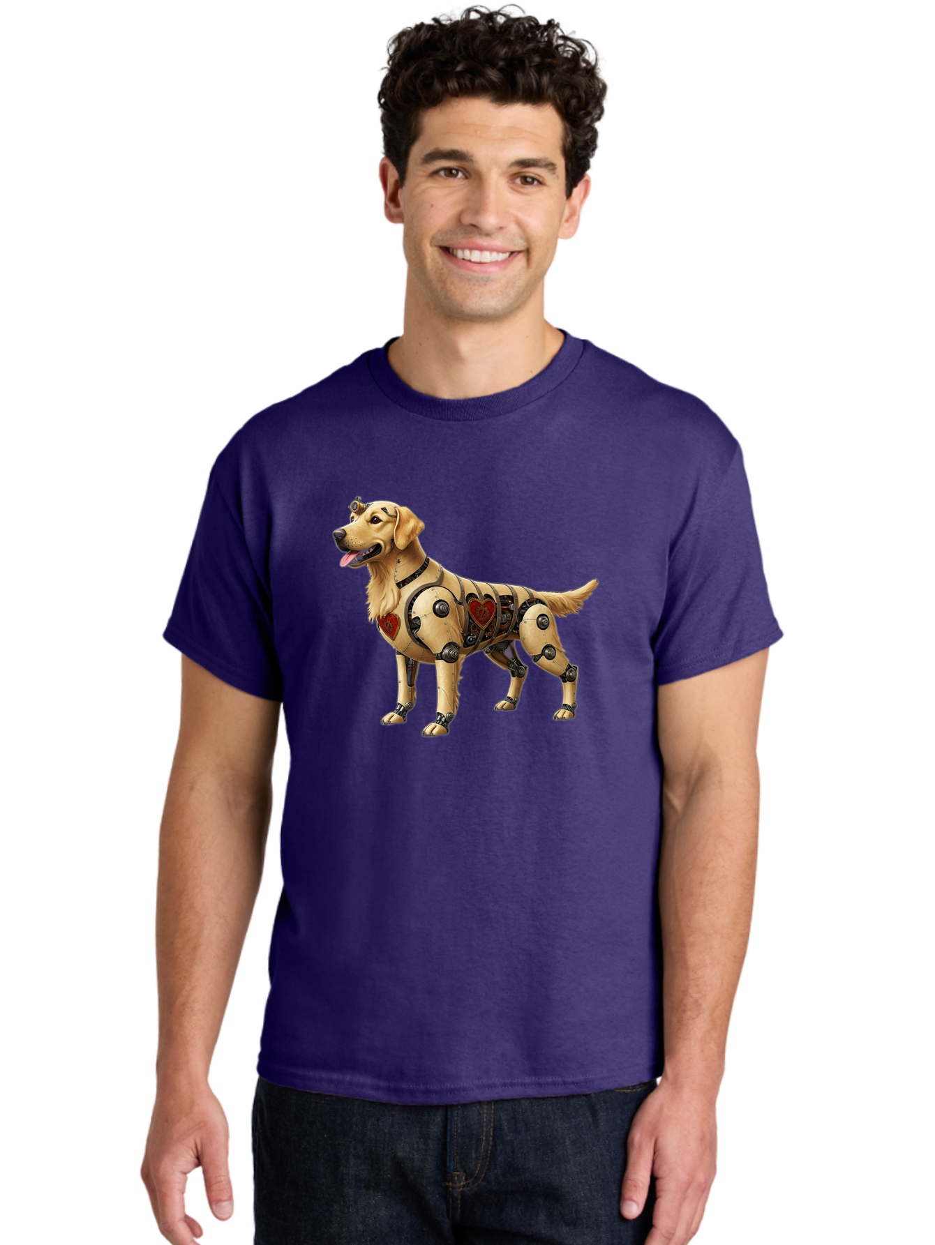 Cyborg-Golden-Retriever Men'S Graphic Tee, 100% Cotton, Comfortable Casual Summer Wear, Machine Washable, Cyborg Dog, Robotic Limbs, Golden Retriever, Futuristic Pet, Sci-Fi Art, Mechanical Enhancements, Heart-Shaped Components, Bab848