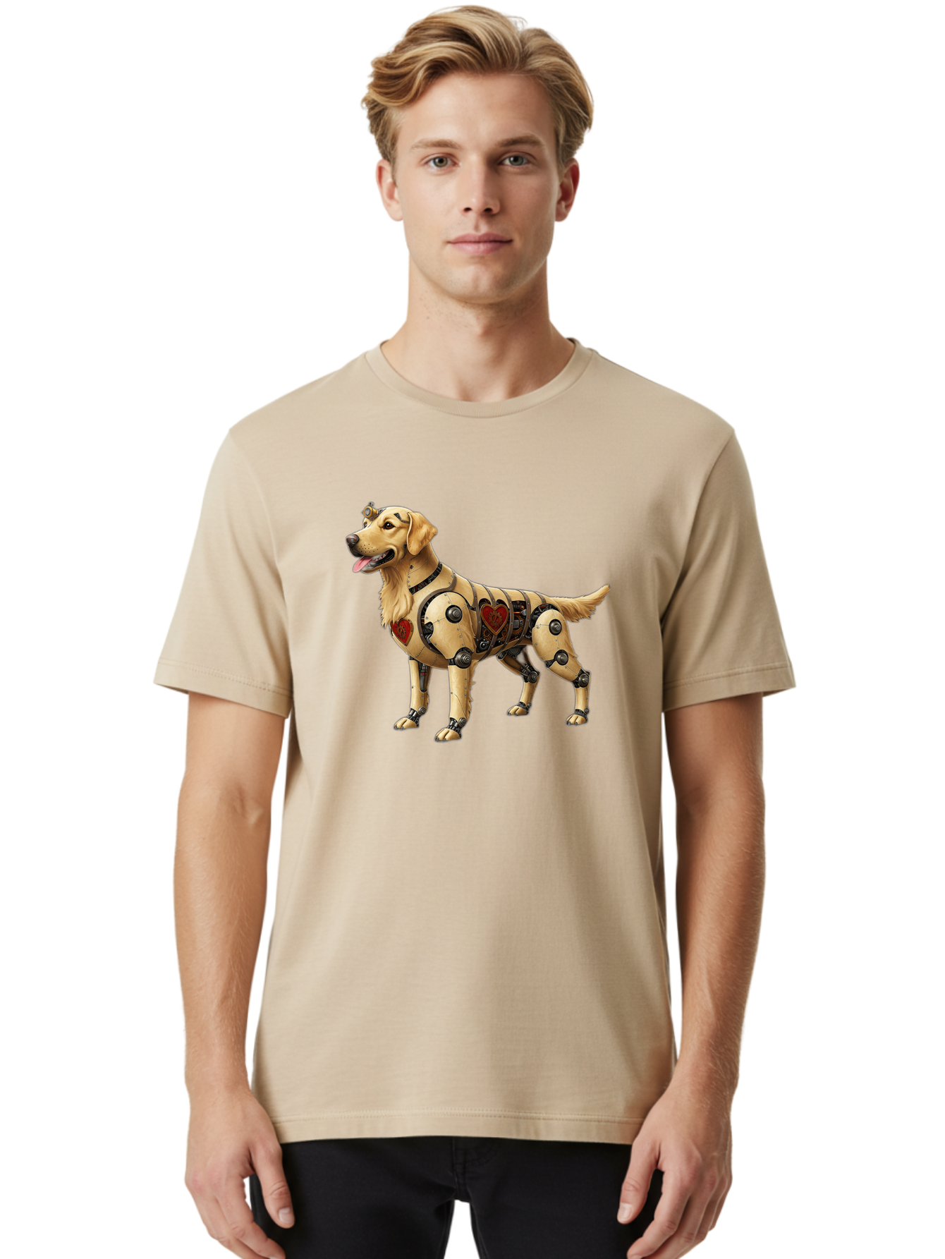 Cyborg-Golden-Retriever Men'S Graphic Tee, 100% Cotton, Comfortable Casual Summer Wear, Machine Washable, Cyborg Dog, Robotic Limbs, Golden Retriever, Futuristic Pet, Sci-Fi Art, Mechanical Enhancements, Heart-Shaped Components, Bab848