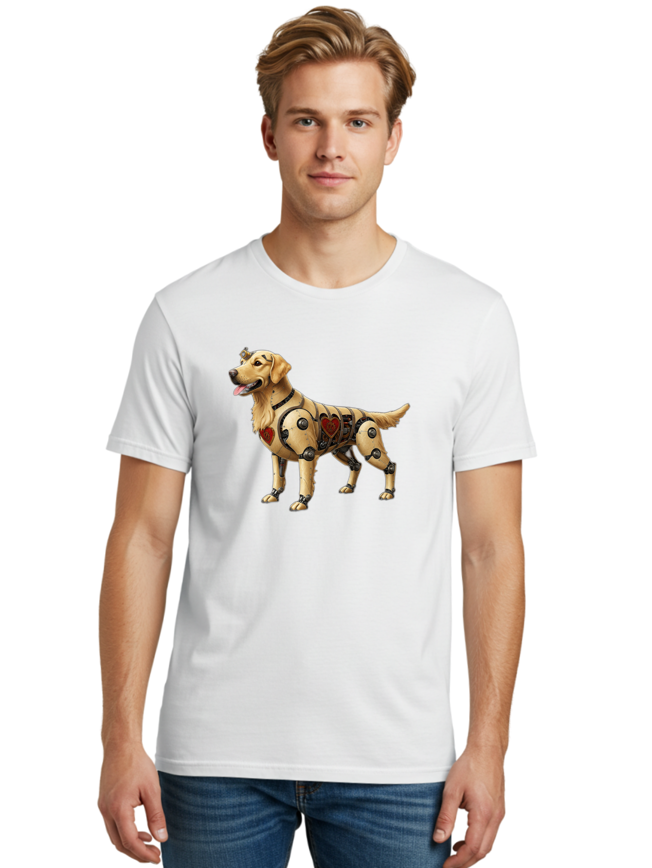 Cyborg-Golden-Retriever Men'S Graphic Tee, 100% Cotton, Comfortable Casual Summer Wear, Machine Washable, Cyborg Dog, Robotic Limbs, Golden Retriever, Futuristic Pet, Sci-Fi Art, Mechanical Enhancements, Heart-Shaped Components, Bab848