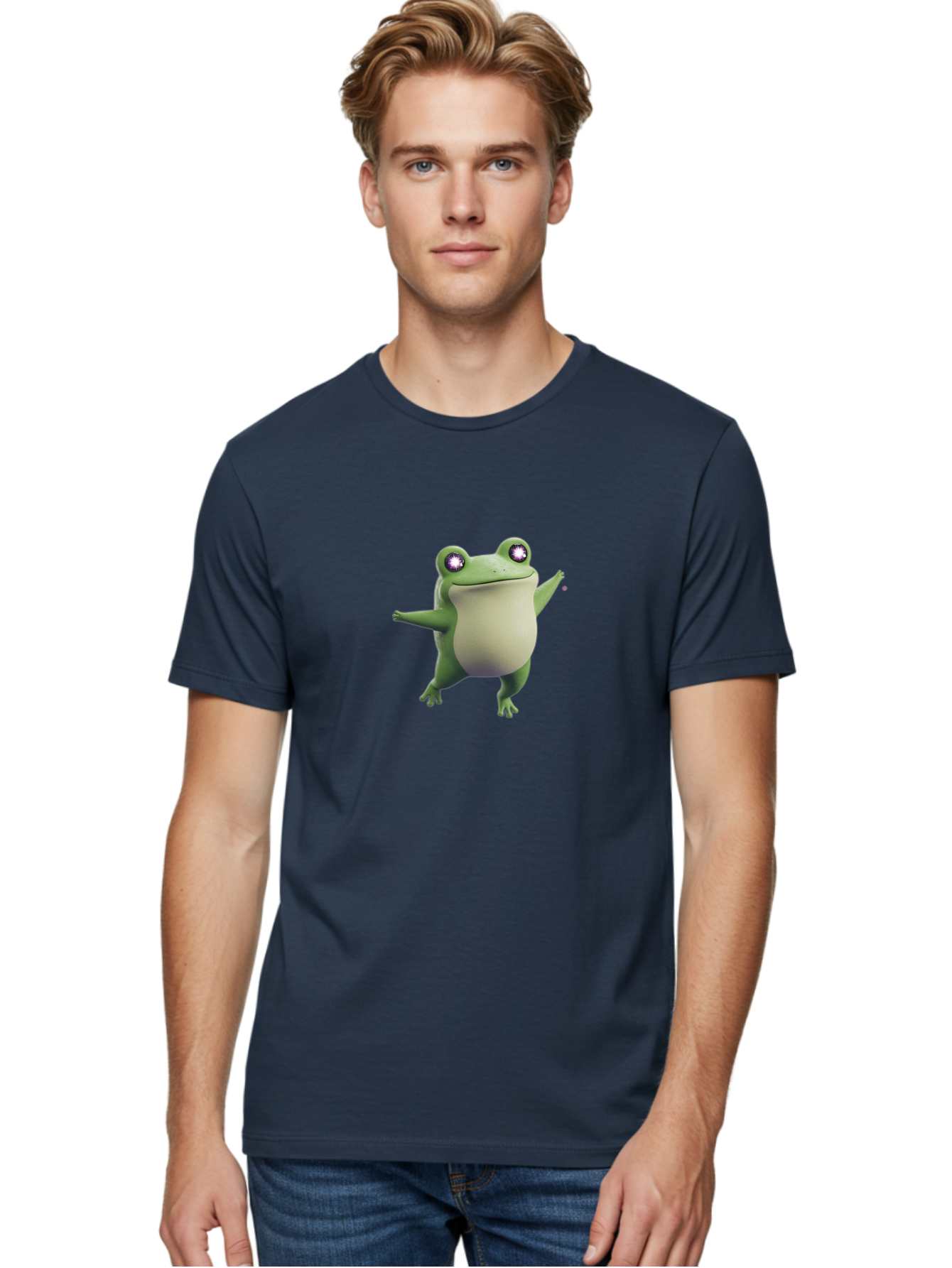 Dancing-Frog-1 Men'S Graphic Tee, 100% Cotton, Comfortable Casual Summer Wear, Machine Washable, Cartoon Frog, Dancing Pose, Funny Animal, Animated Character, 3D Rendering, Big Eyes, Cute Creature, Playful Gesture, Comedic Effect Bab850