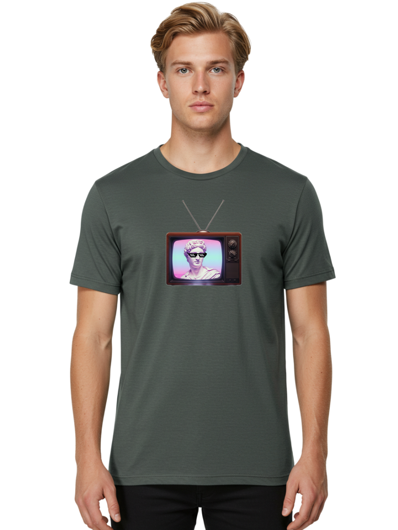 David-Wearing-Sunglasses Men'S Graphic Tee, 100% Cotton, Comfortable Casual Summer Wear, Machine Washable, Vintage Television, Antique Tv, David Statue, Thug Life Shades, Sunglasses On Statue, Pop Culture, Retro Technology, Bab852
