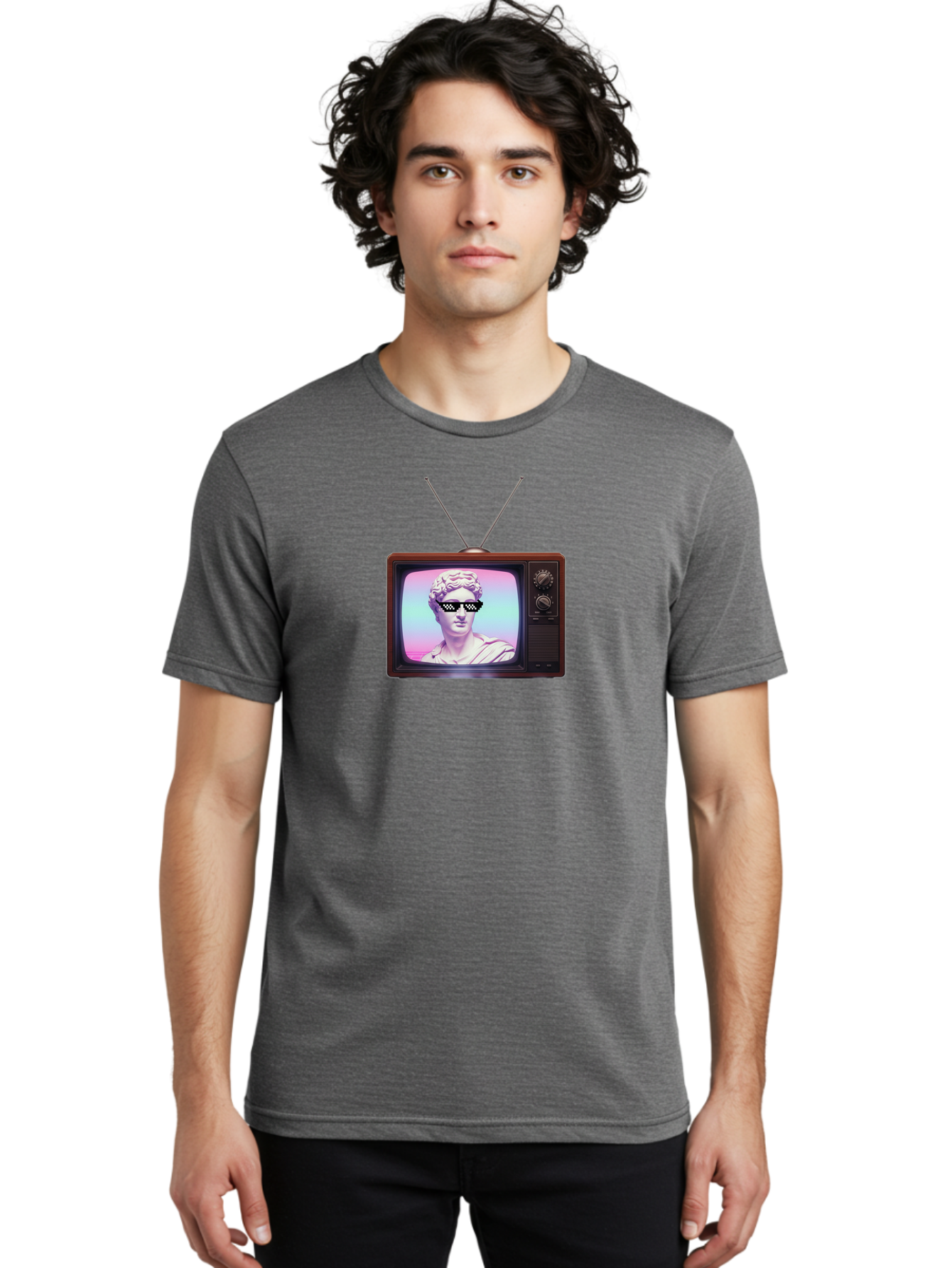 David-Wearing-Sunglasses Men'S Graphic Tee, 100% Cotton, Comfortable Casual Summer Wear, Machine Washable, Vintage Television, Antique Tv, David Statue, Thug Life Shades, Sunglasses On Statue, Pop Culture, Retro Technology, Bab852