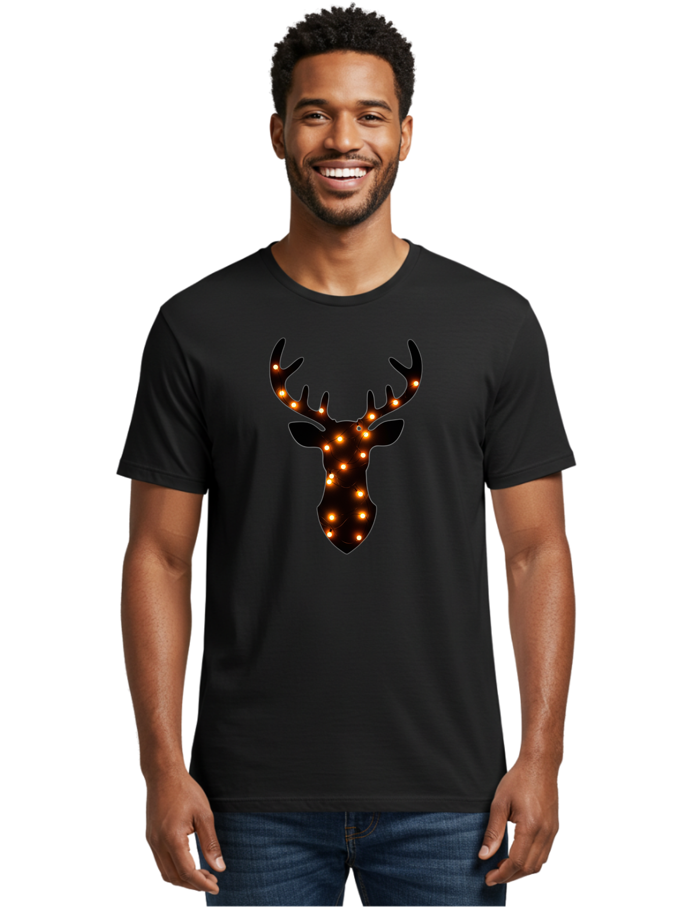 Deer-Head-With-Lights Men'S Graphic Tee, 100% Cotton, Comfortable Casual Summer Wear, Machine Washable, Deer Head Silhouette, String Lights, Festive Decor, Warm Glow, Holiday Decoration, Maroon Lights, Glowing Antlers, Illuminated Wildlife, Bab854