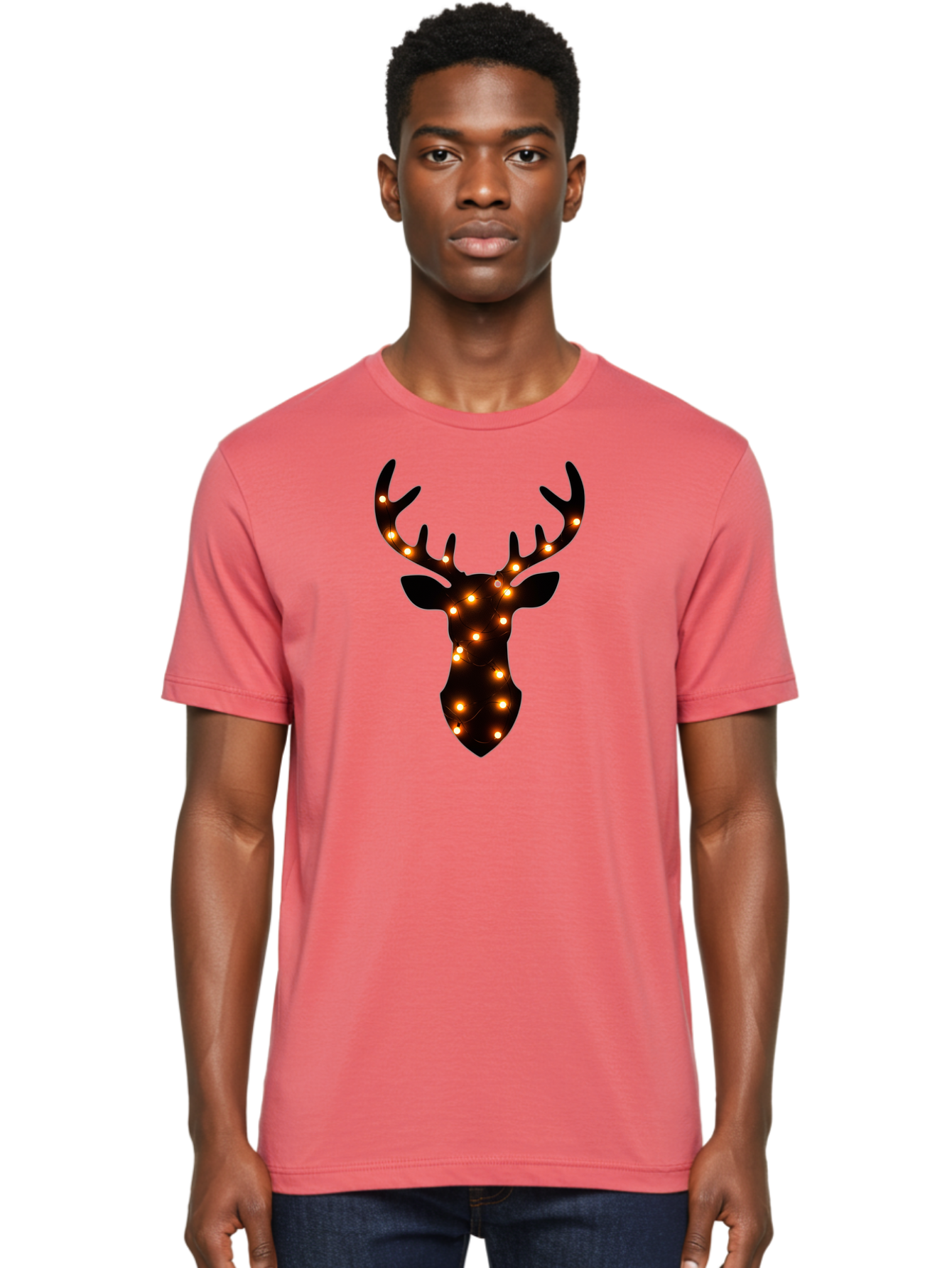 Deer-Head-With-Lights Men'S Graphic Tee, 100% Cotton, Comfortable Casual Summer Wear, Machine Washable, Deer Head Silhouette, String Lights, Festive Decor, Warm Glow, Holiday Decoration, Maroon Lights, Glowing Antlers, Illuminated Wildlife, Bab854