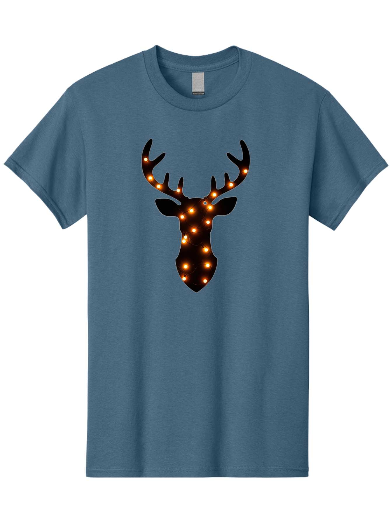 Deer-Head-With-Lights Men'S Graphic Tee, 100% Cotton, Comfortable Casual Summer Wear, Machine Washable, Deer Head Silhouette, String Lights, Festive Decor, Warm Glow, Holiday Decoration, Maroon Lights, Glowing Antlers, Illuminated Wildlife, Bab854