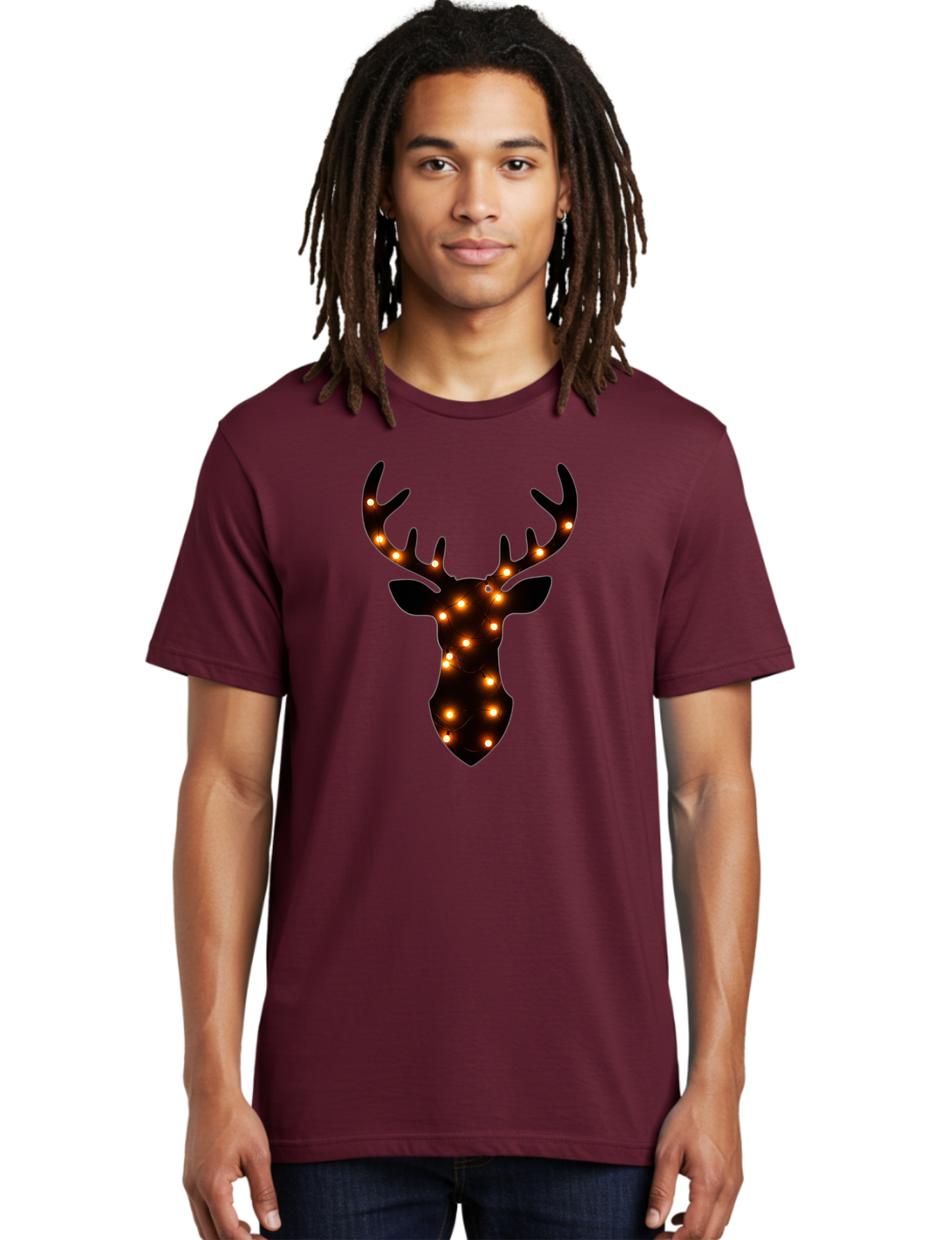 Deer-Head-With-Lights Men'S Graphic Tee, 100% Cotton, Comfortable Casual Summer Wear, Machine Washable, Deer Head Silhouette, String Lights, Festive Decor, Warm Glow, Holiday Decoration, Maroon Lights, Glowing Antlers, Illuminated Wildlife, Bab854