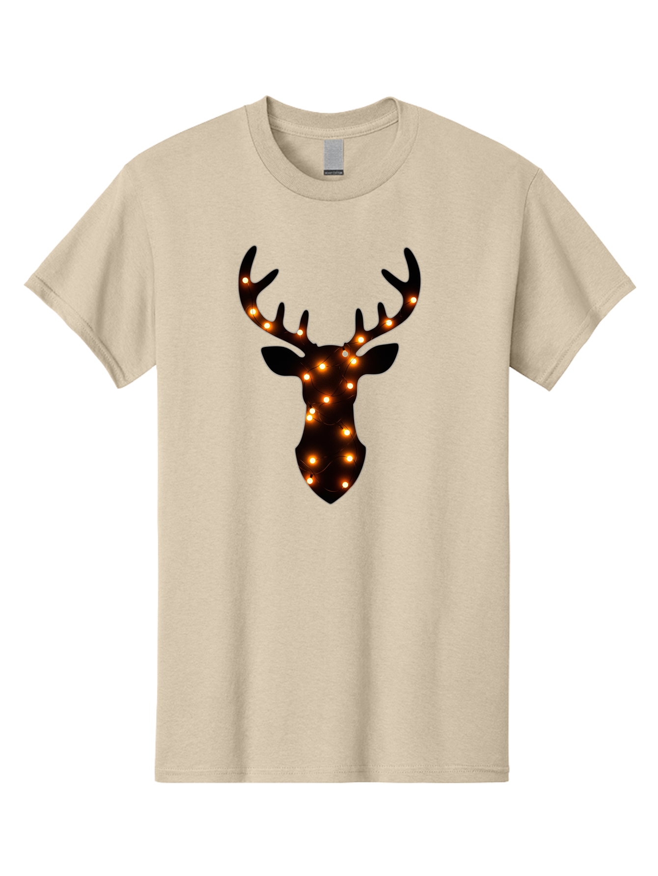 Deer-Head-With-Lights Men'S Graphic Tee, 100% Cotton, Comfortable Casual Summer Wear, Machine Washable, Deer Head Silhouette, String Lights, Festive Decor, Warm Glow, Holiday Decoration, Maroon Lights, Glowing Antlers, Illuminated Wildlife, Bab854