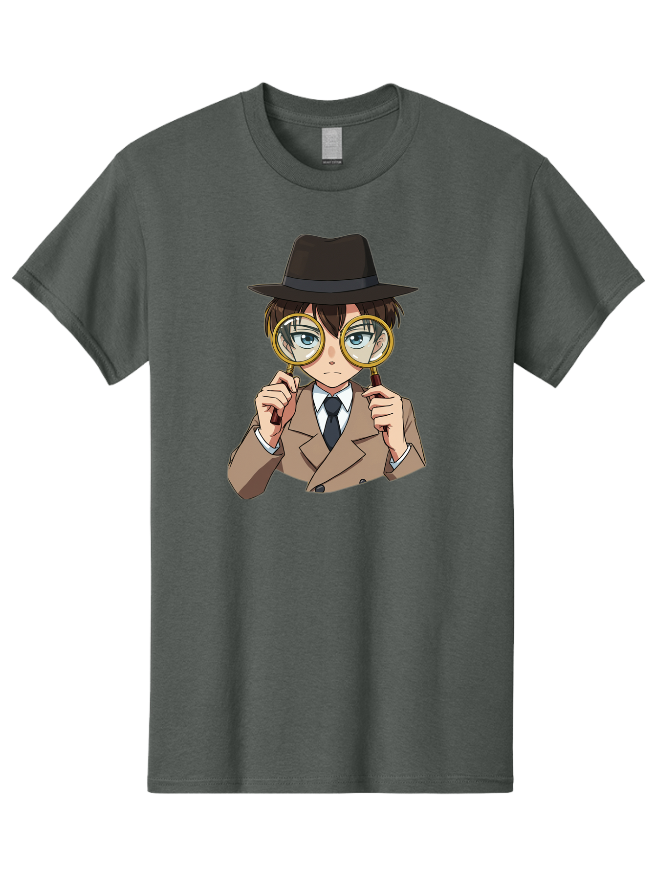 Detective-Boy Men'S Graphic Tee, 100% Cotton, Comfortable Casual Summer Wear, Machine Washable, Anime Boy, Magnifying Glass, Detective Theme, Investigation, Observation, Blue Eyes, Brown Hair, Brown Suit, Black Tie, White Shirt Bab855