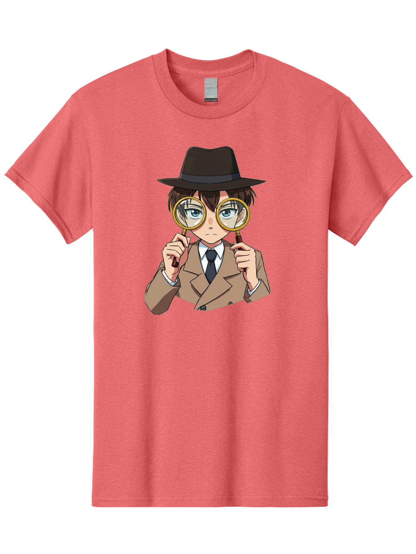 Detective-Boy Men'S Graphic Tee, 100% Cotton, Comfortable Casual Summer Wear, Machine Washable, Anime Boy, Magnifying Glass, Detective Theme, Investigation, Observation, Blue Eyes, Brown Hair, Brown Suit, Black Tie, White Shirt Bab855
