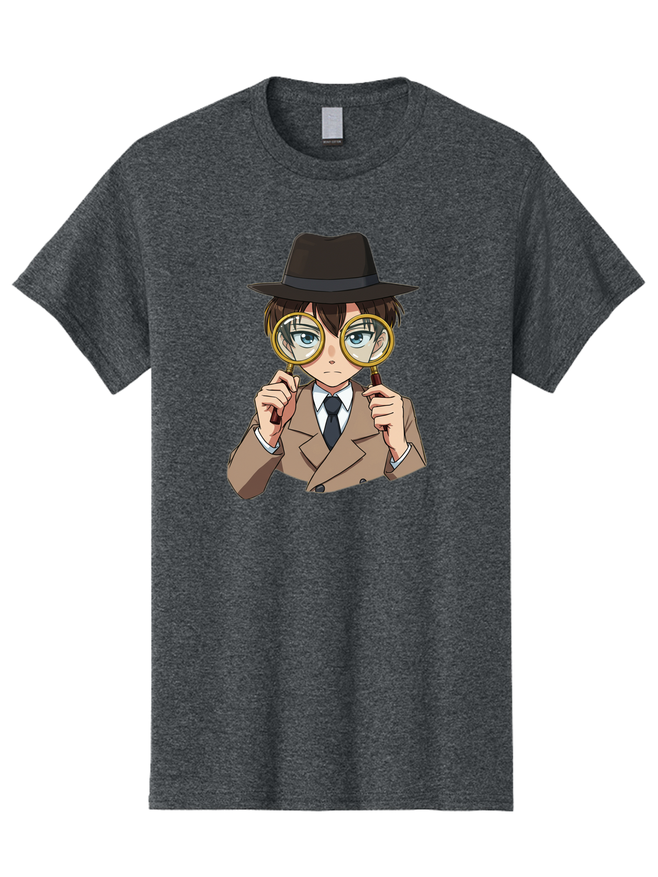 Detective-Boy Men'S Graphic Tee, 100% Cotton, Comfortable Casual Summer Wear, Machine Washable, Anime Boy, Magnifying Glass, Detective Theme, Investigation, Observation, Blue Eyes, Brown Hair, Brown Suit, Black Tie, White Shirt Bab855